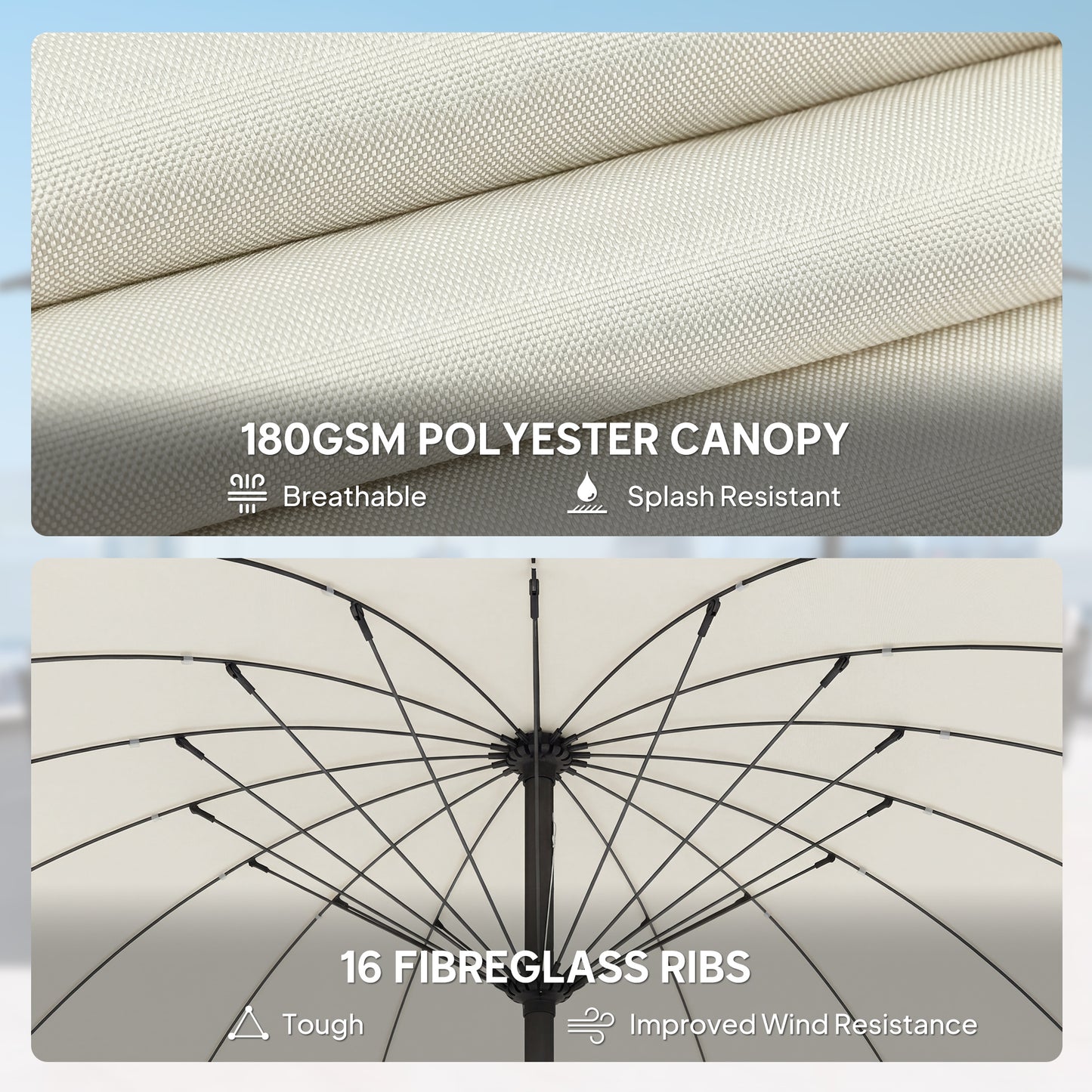 Outsunny 2 m Shanghai Garden Parasol Umbrella With 16 Fibreglass Ribs Crank Tilt Cream White Outdoor Sun Shade