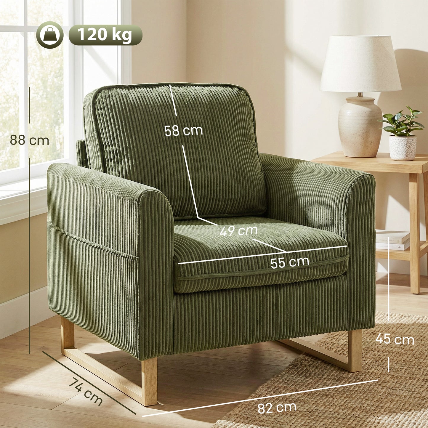 HOMCOM Accent Chair With Pocket Spring Core Modern Industrial Armchair In Dark Green Corduroy For Living Room
