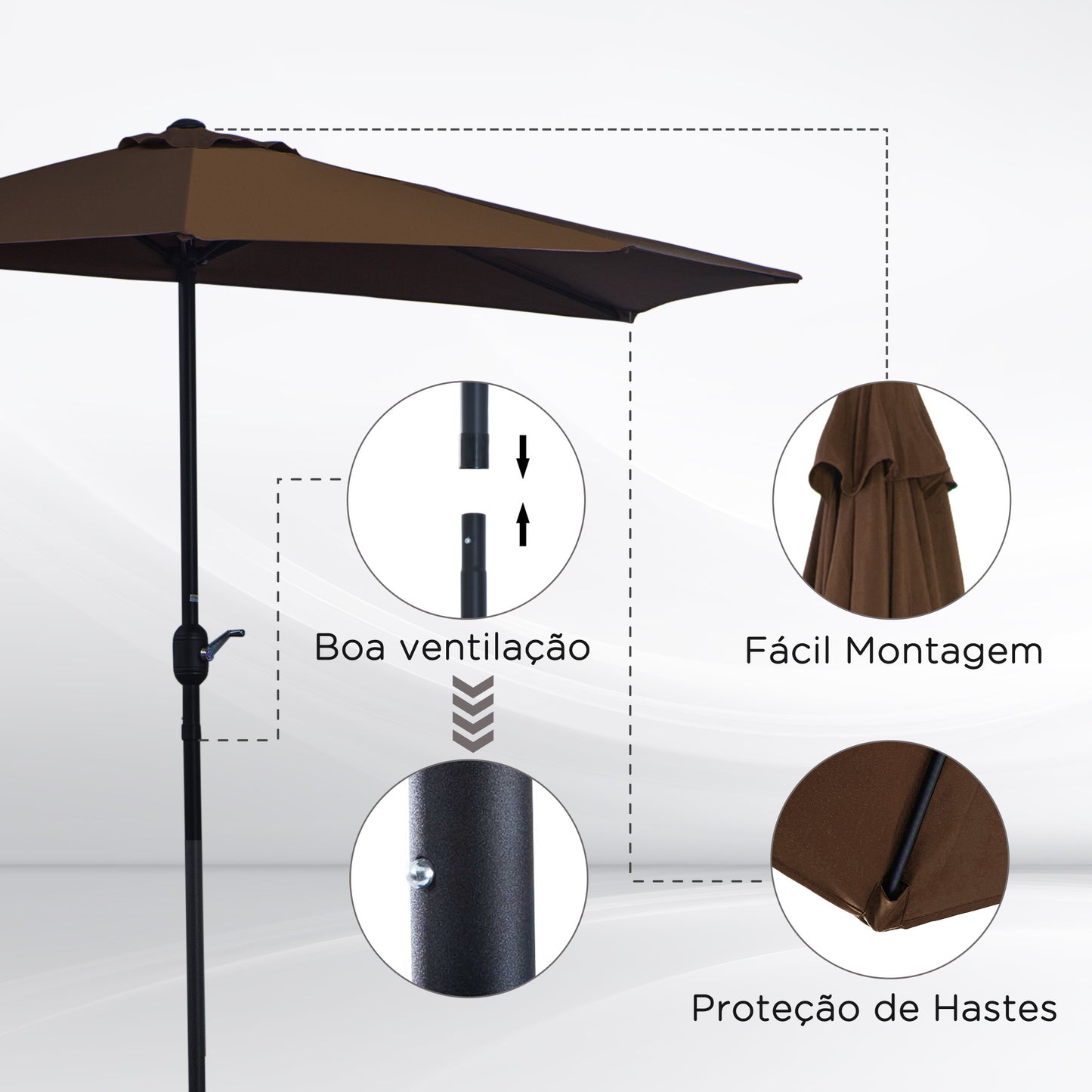 Outsunny 2.7m Compact Balcony Half Umbrella - Brown Garden Patio Shade with 5 Steel Ribs - ALL4U RETAILER LTD