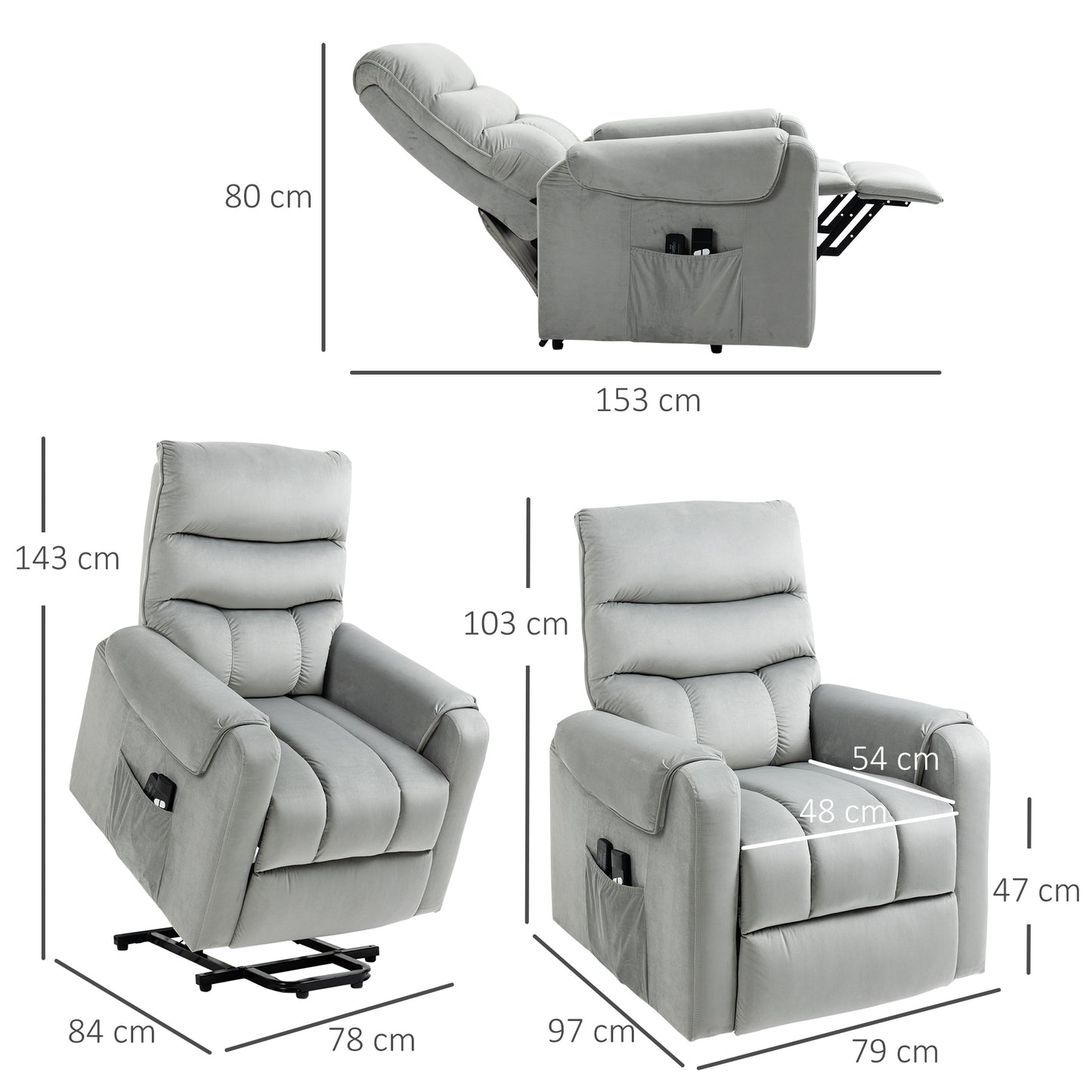 HOMCOM Electric Lift Recliner Chair with Vibration Massage and Remote Control, Grey Velvet Armchair - ALL4U RETAILER LTD