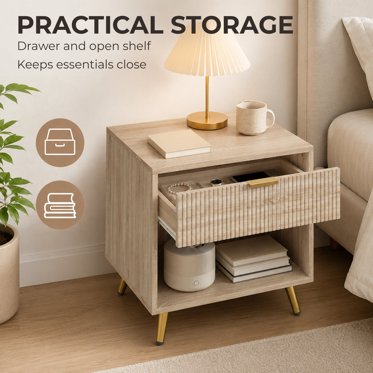 HOMCOM Bedside Table With Drawer Natural Wood Finish Nightstand Bedroom