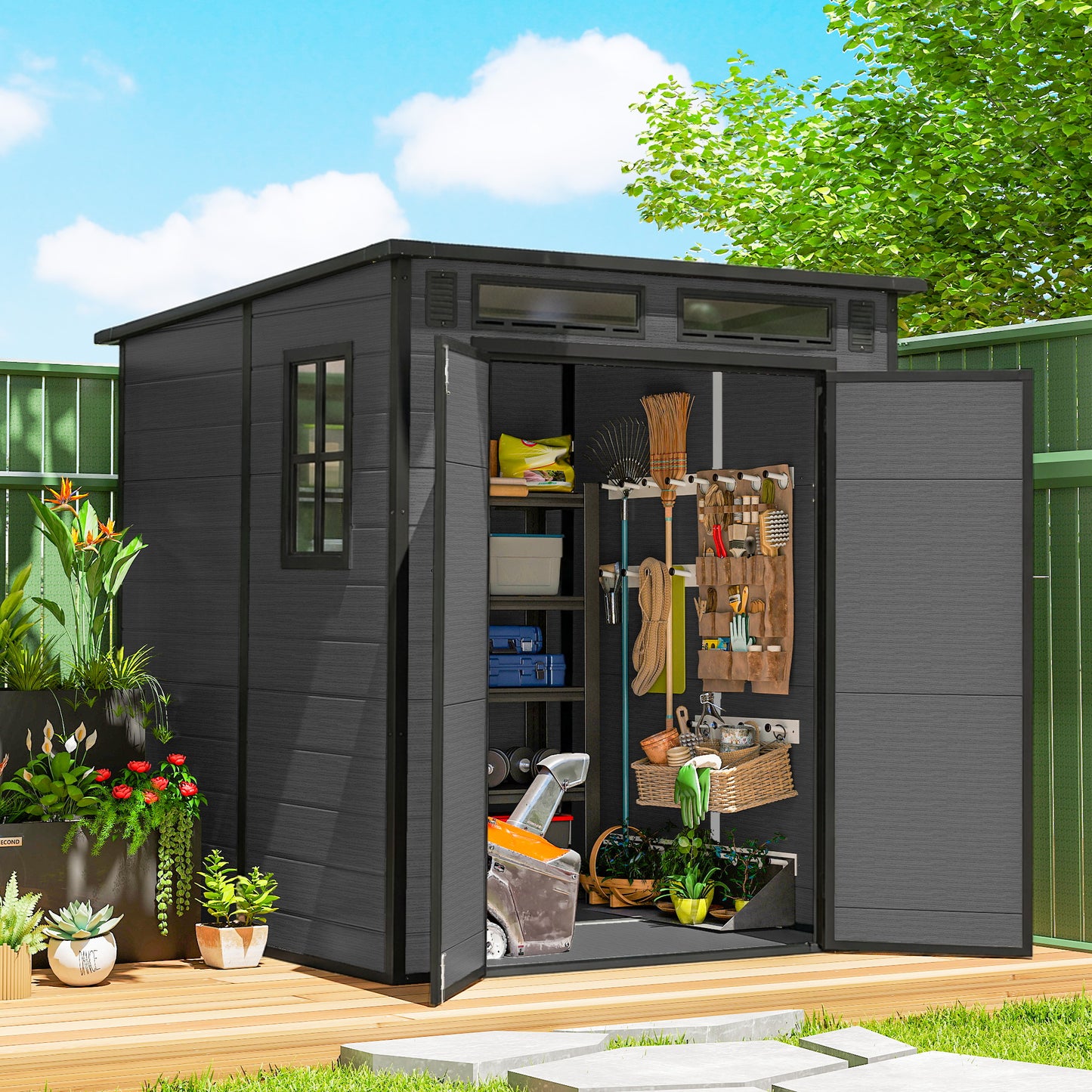 Outsunny 6x6 ft Plastic Garden Shed Wood Effect Outdoor Storage With Floor Windows Ventilation Lockable Doors Dark Grey