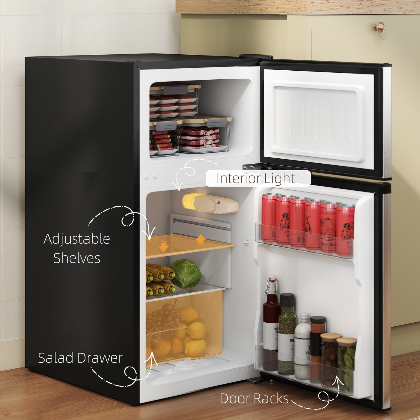 HOMCOM 88L Under Counter Fridge Freezer 25L Freezer 63L Fridge 5 Setting Control 3 Star Freezer Reversible Doors