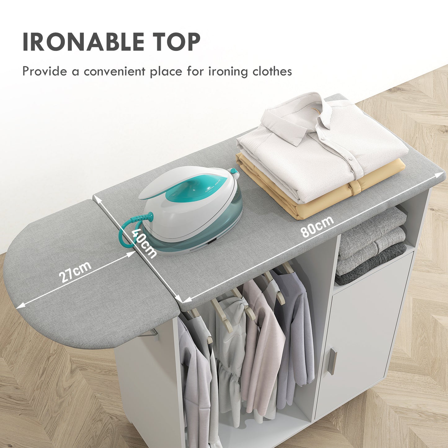 HOMCOM Rolling Ironing Board Cabinet With Foldable Top And Storage Wheeled Ironing Station For Home Laundry White