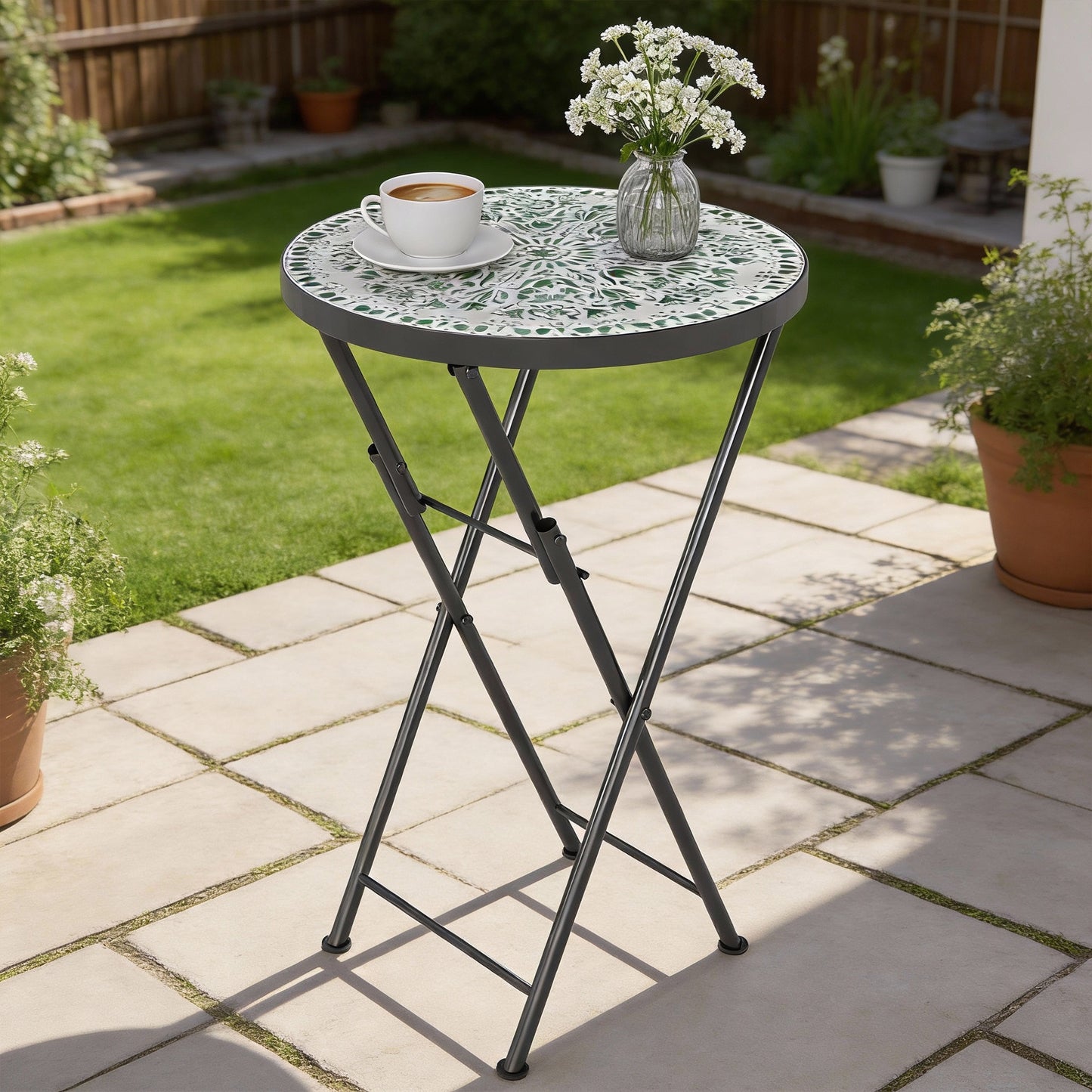Outsunny Mosaic Outdoor Garden Table Round Folding Coffee Table 35.5cm With Metal Frame For Balcony Terrace Green