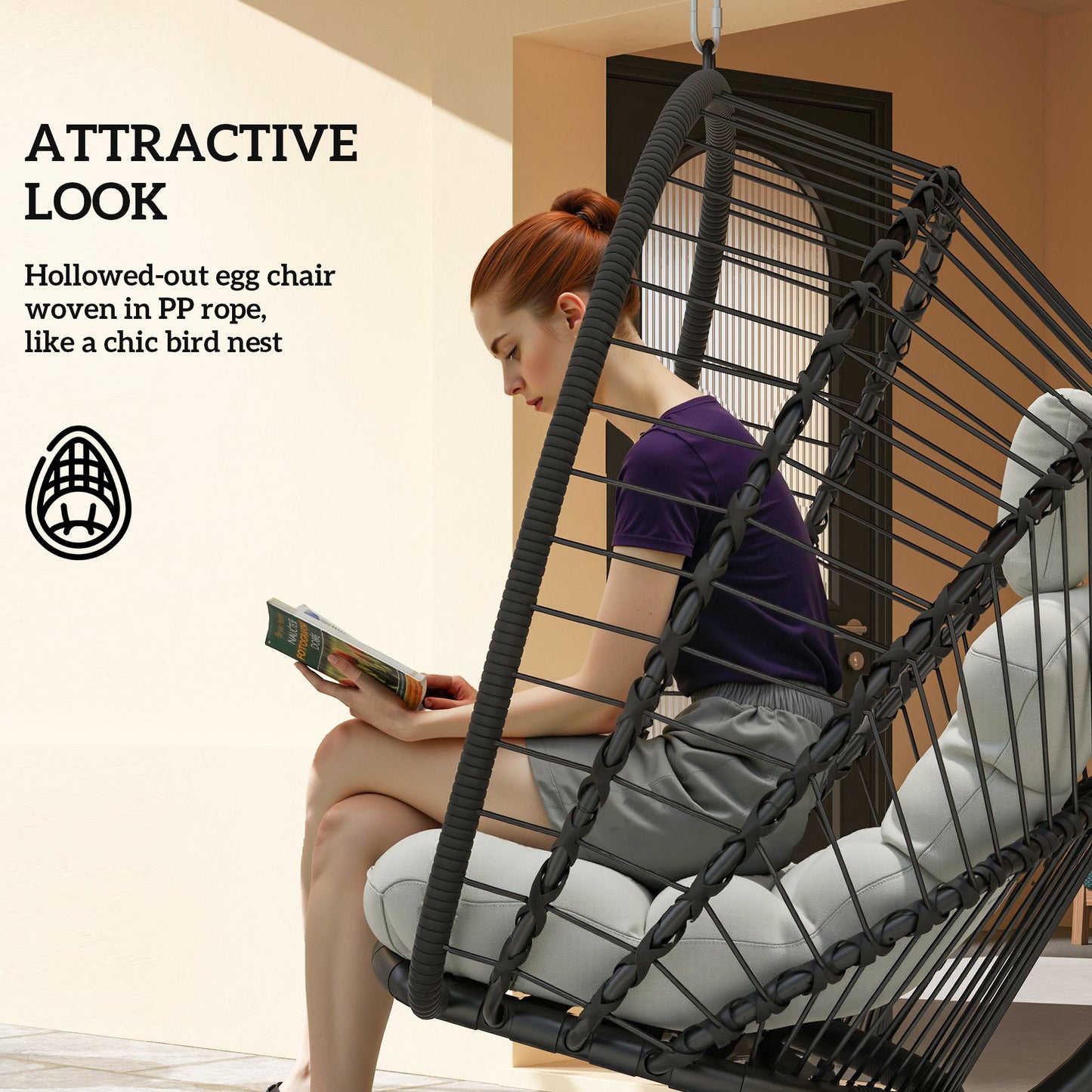 Outsunny Outdoor PE Rattan Egg Chair With Metal Stand Headrest Garden Patio Cushion And Foldable Basket Black