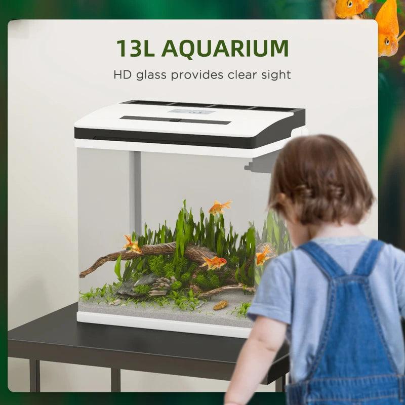 PawHut 13L Glass Aquarium Fish Tank with Filter and LED Lighting - Ideal for Betta, Guppy, Mini Parrot Fish, Shrimp - Compact Size: 29 x 20 x 30.5cm - ALL4U RETAILER LTD