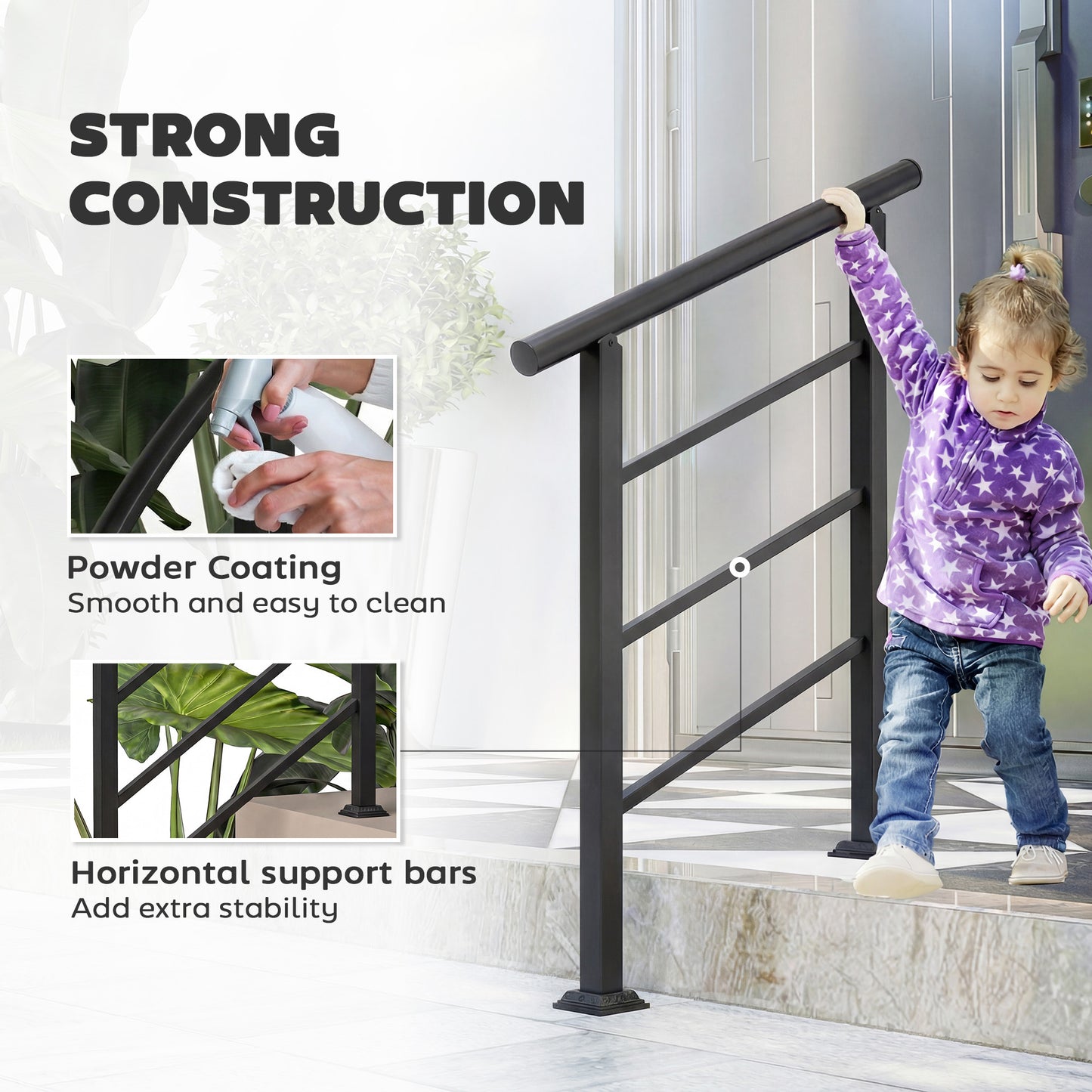 Outsunny Outdoor Handrail for Stairs Adjustable 0 to 45 Degrees Wrought Iron Exterior Stair Railing for 1 to 3 Steps