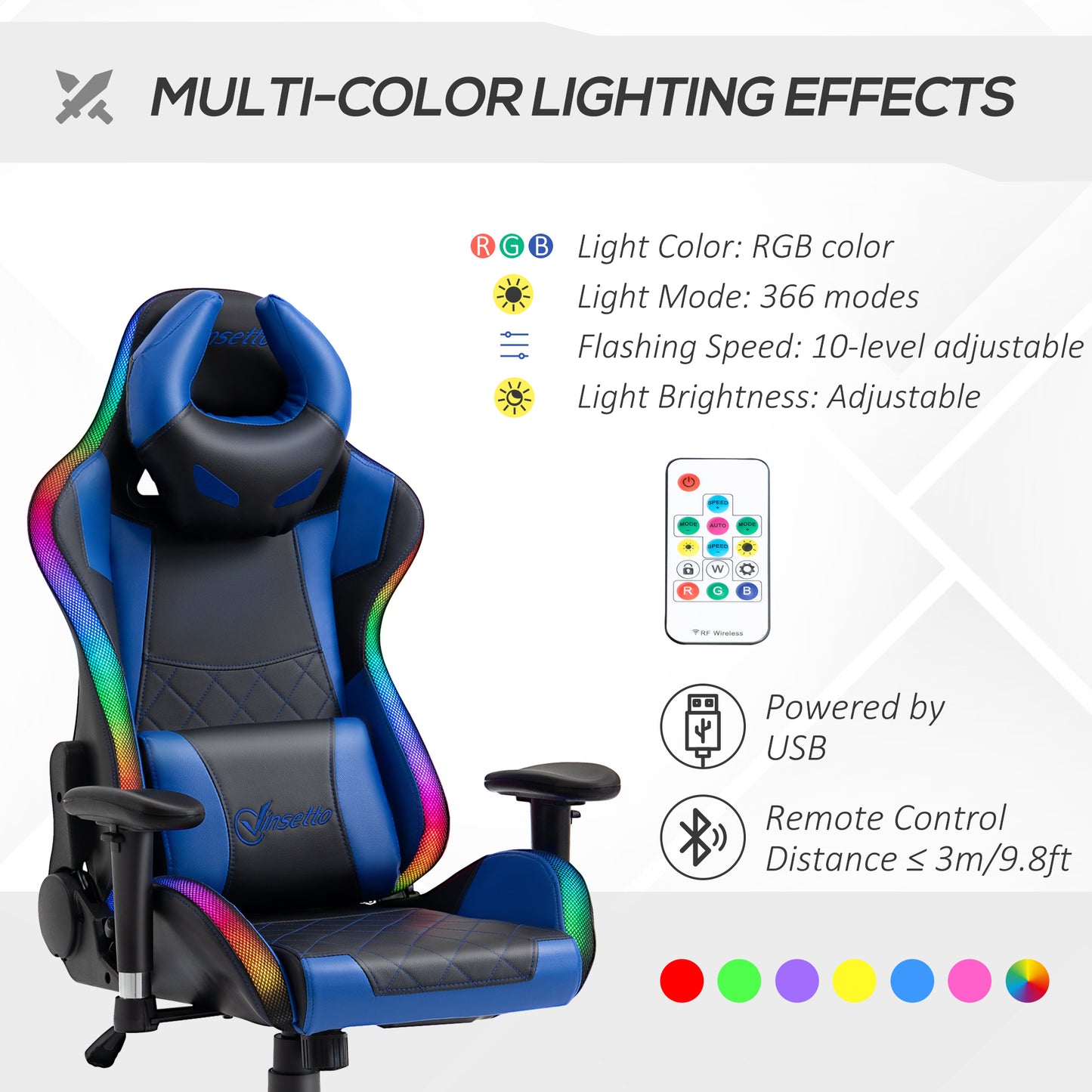 Vinsetto High Back Racing Gaming Chair with RGB LED Lights, Adjustable Lumbar Support, and Swivel Mobility for Home Office - ALL4U RETAILER LTD