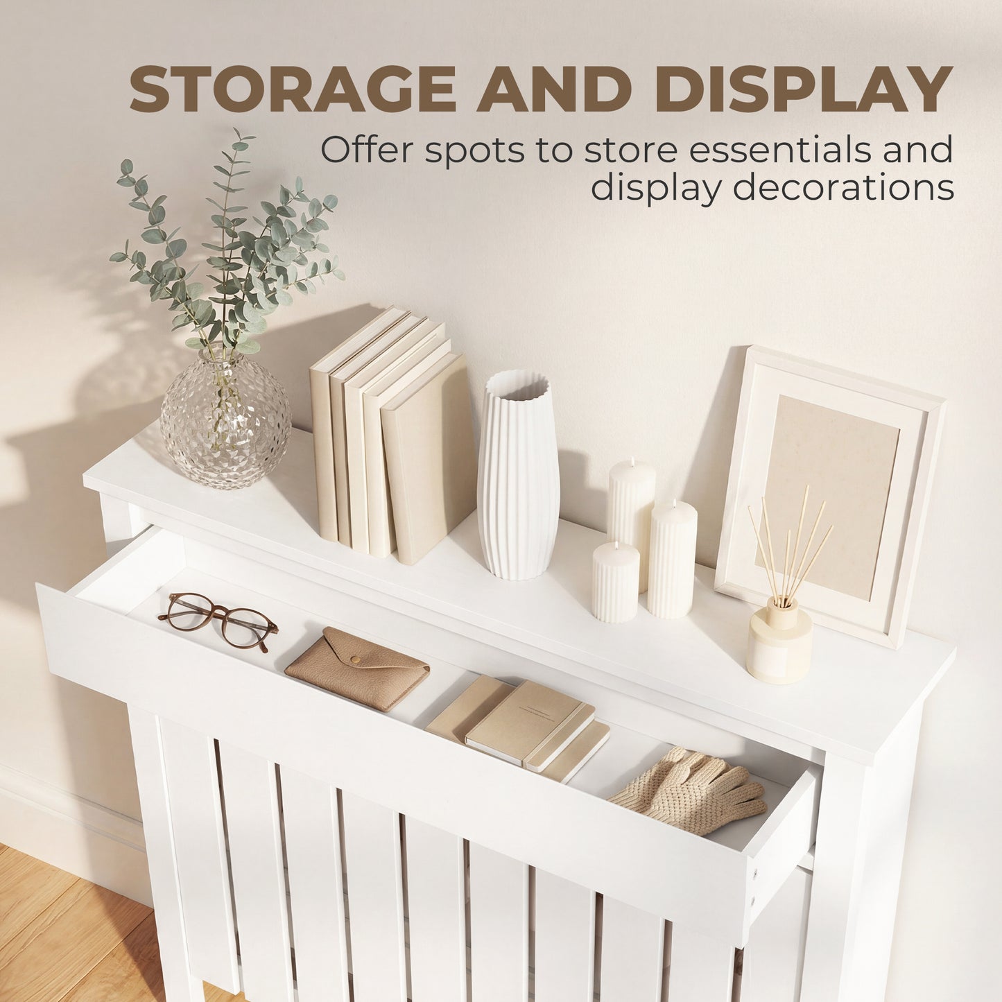 HOMCOM 93 x 88.5cm Rustic White Radiator Cover MDF Slatted Slim Design for Safe Heating