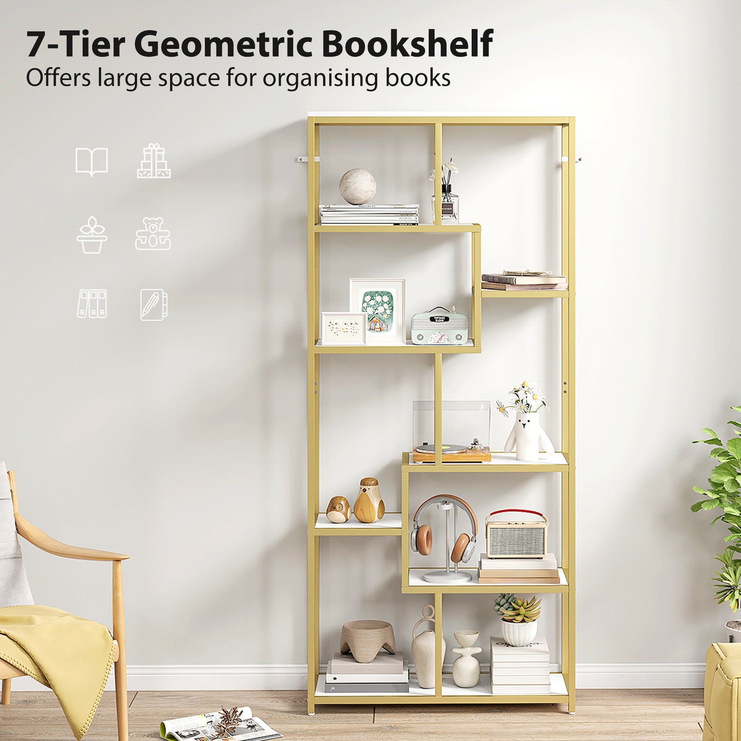 HOMCOM White And Gold Tone Seven Tier Geometric Bookcase With Sturdy Metal Frame