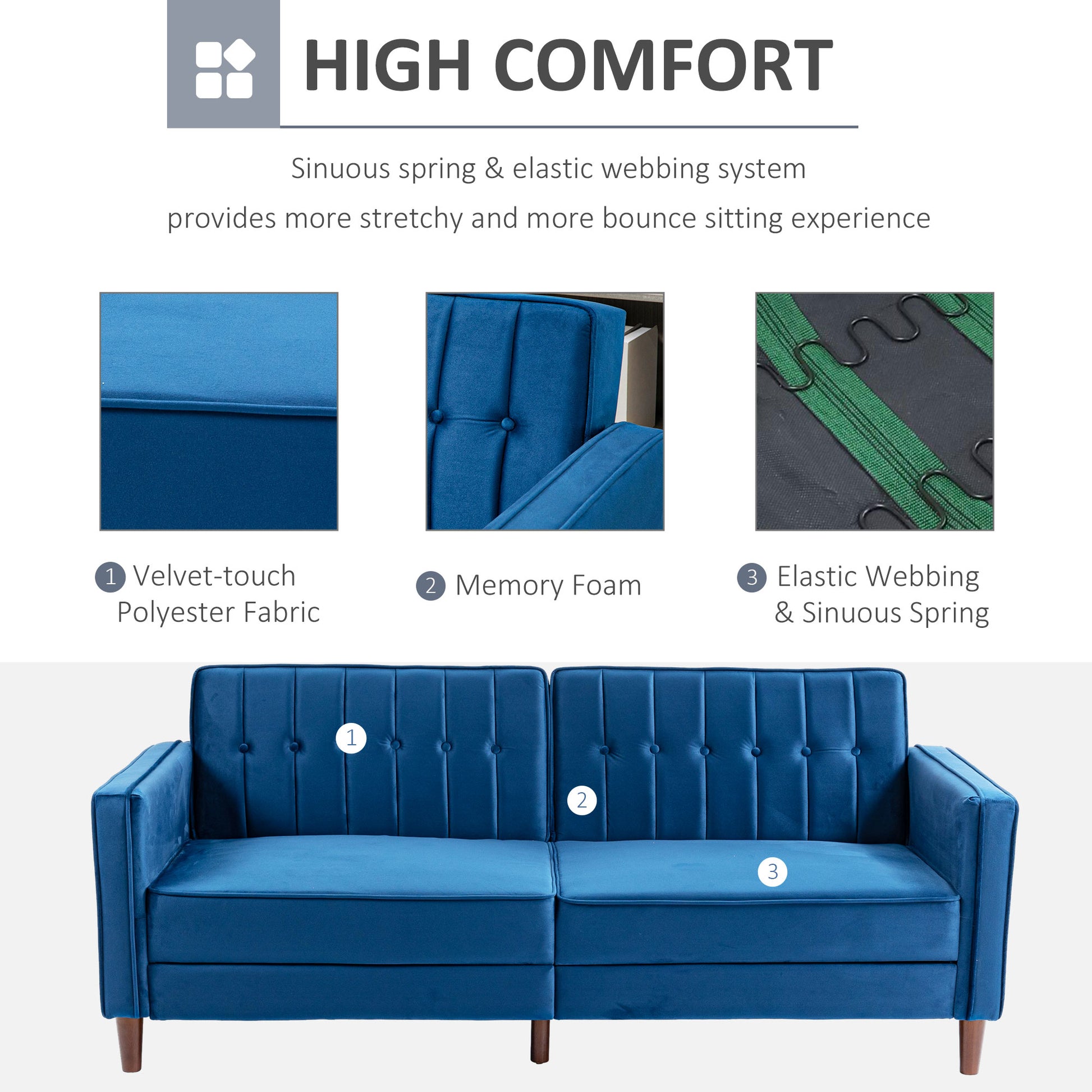 HOMCOM Stylish Convertible Sofa Bed with Velvet Finish and Adjustable Backrest, Compact Loveseat in Blue - ALL4U RETAILER LTD