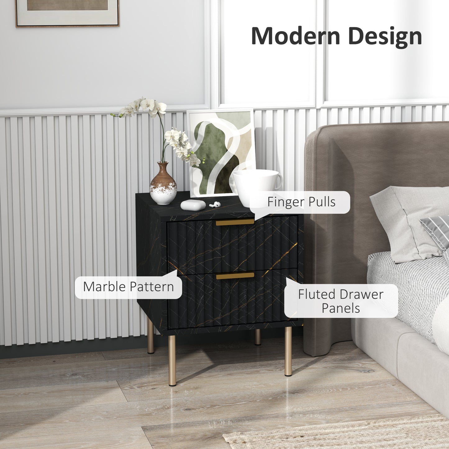 Homcom Elegant Two Drawer Bedside Table Black Marble Pattern With Fluted Drawers And Gold Accents