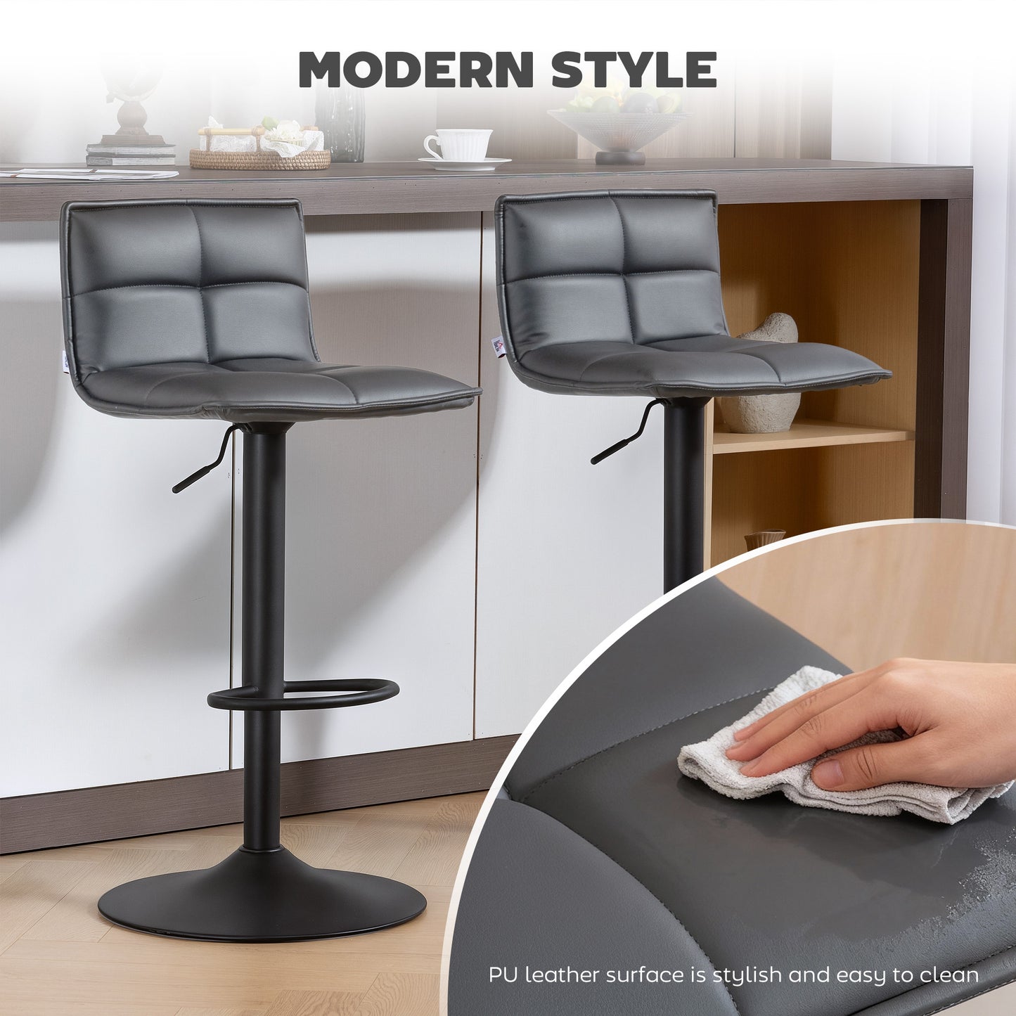 HOMCOM Set of Two Modern Faux Leather Bar Stools with Gas Lift and 360 Degree Swivel Dark Grey