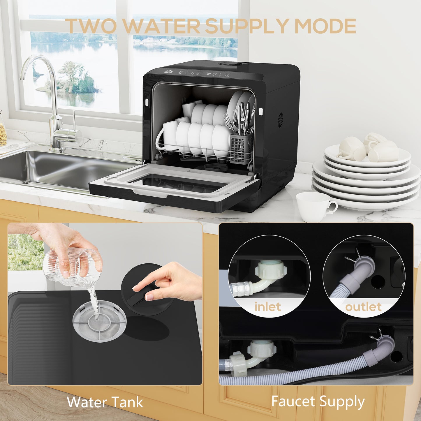 HOMCOM Table Top Dishwasher With Built In 6L Water Tank Mini Countertop 6 Programs 4 Place Settings Black