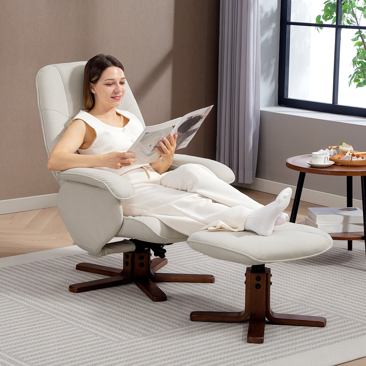 HOMCOM Linen Swivel Recliner Chair With Footstool Upholstered Armchair With Wooden Base Beige