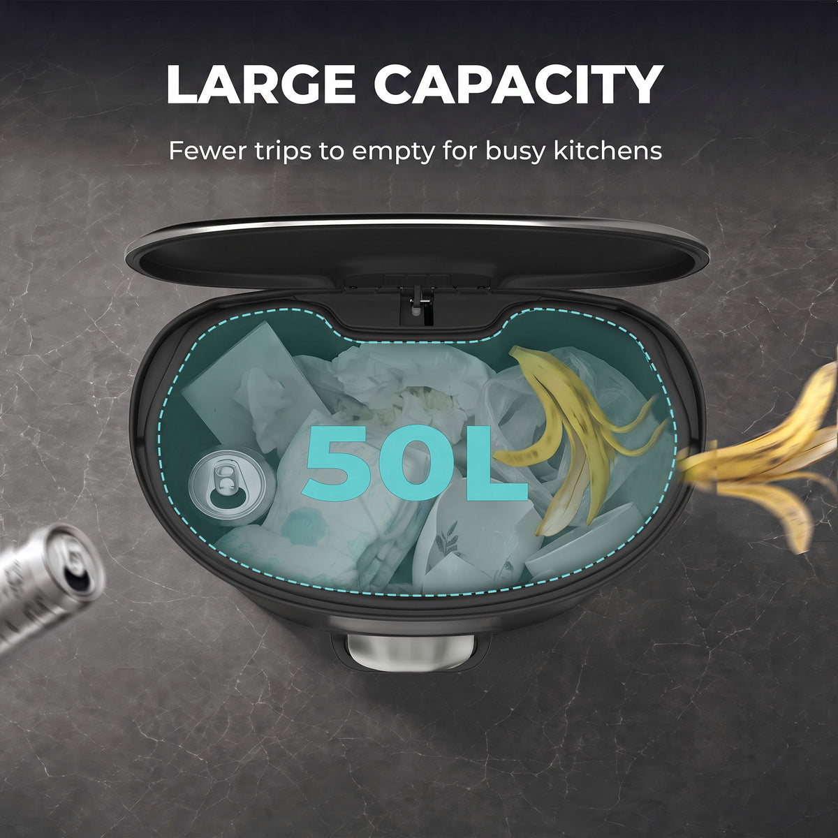 Stainless steel pedal bin with open lid and teal-lined inner bucket