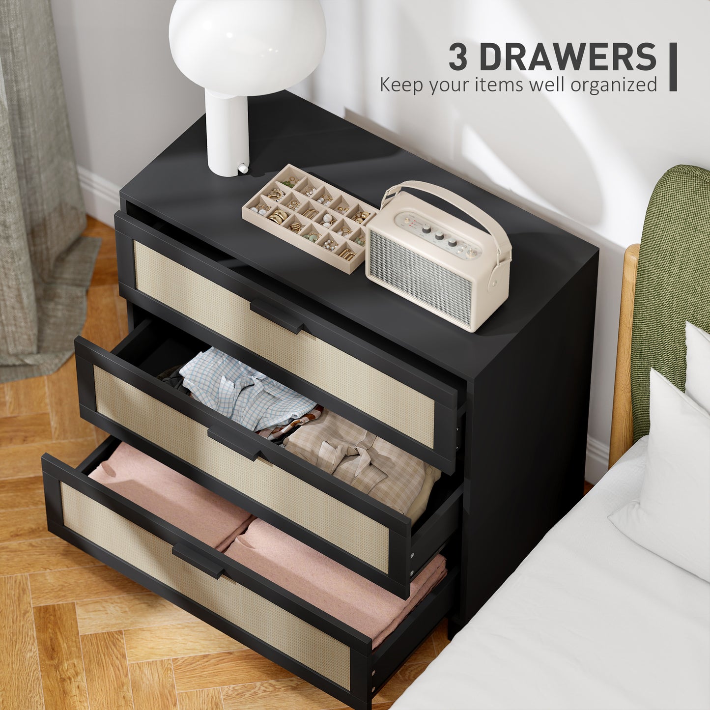 HOMCOM Rattan Bedroom Chest Of Drawers 3 Drawers Storage Unit Boho Dresser For Living Room Hallway Black