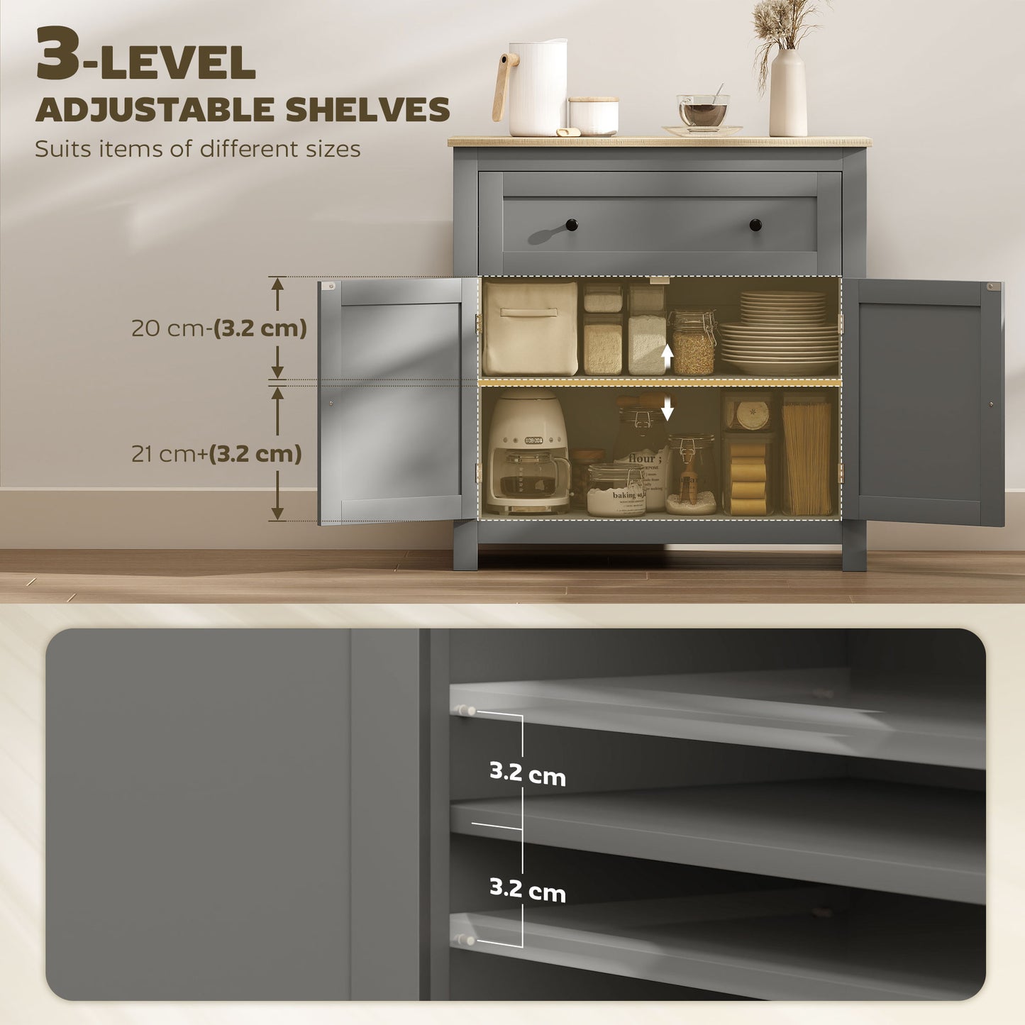 HOMCOM Sideboard Storage Cabinet With Adjustable Shelf Drawer And Double Doors Grey For Living Room Dining Room Hallway