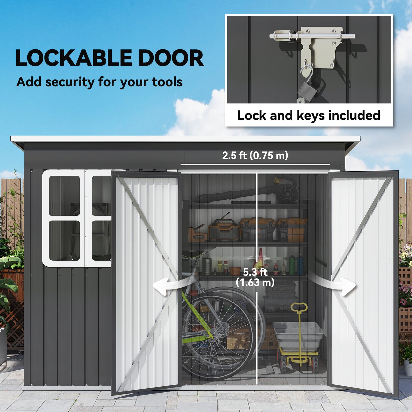 Outsunny 8.5 x 6ft Galvanised Steel Storage Shed With Foundation Kit Window Lockable Wide Doors Air Vents Dark Grey