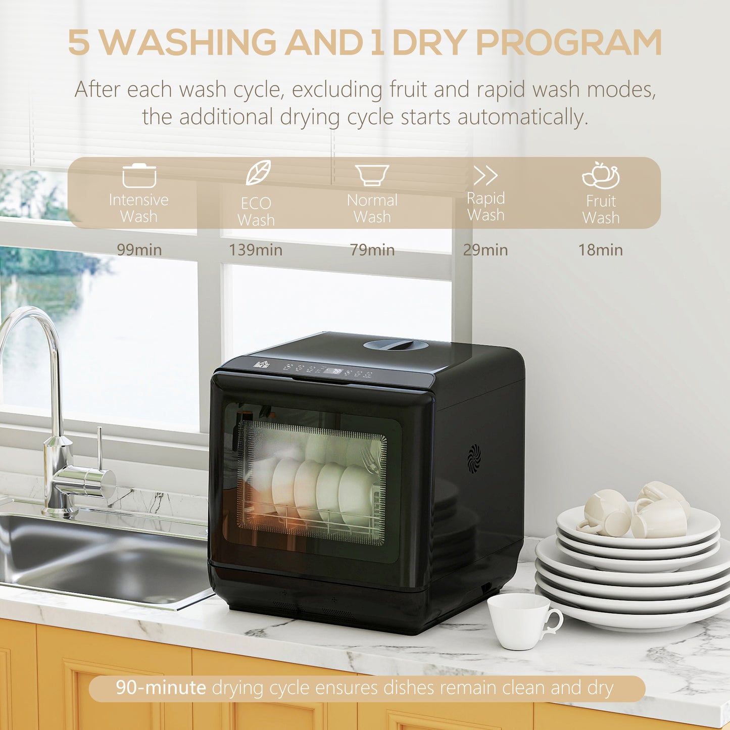 HOMCOM 6L Five Mode Countertop Dishwasher Black 4 Place Settings Normal Rapid Energy Saving Intensive Fruit Wash
