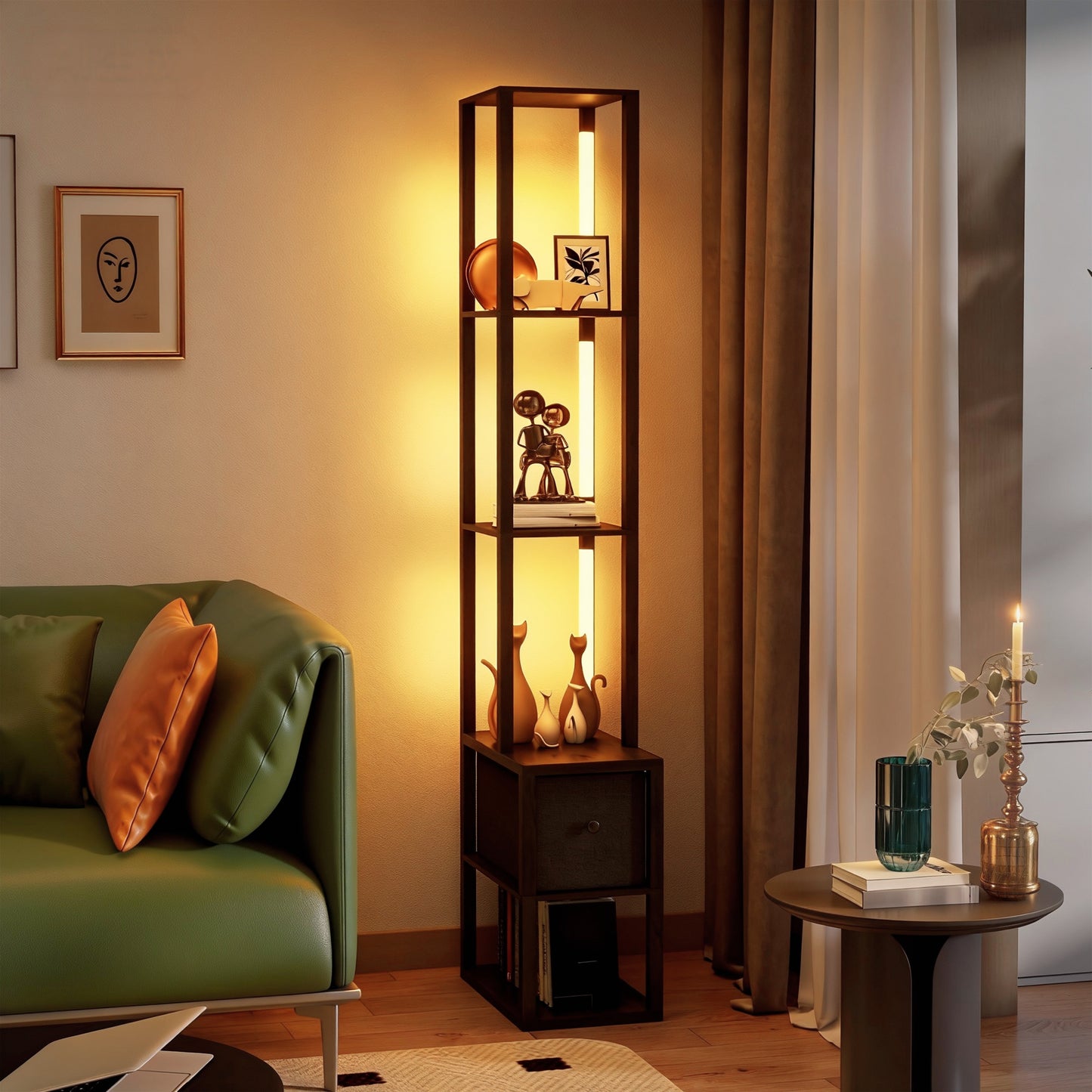 HOMCOM Floor Lamp With Shelves LED Column Modern Standing Lamp With Fabric Drawer And Foot Switch For Living Room Black
