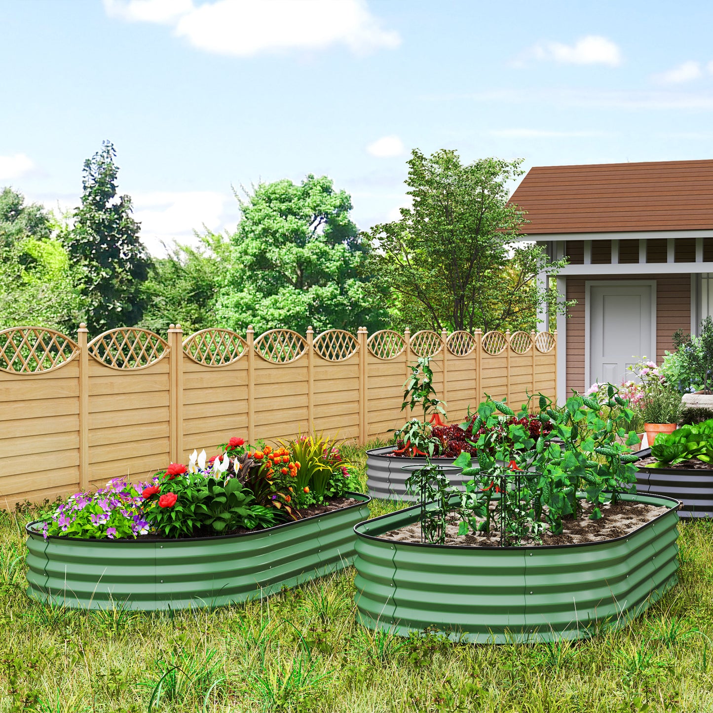 Outsunny Set Of Two 181x93 cm Steel Planters Green Galvanised Raised Garden Beds With Open Bottom