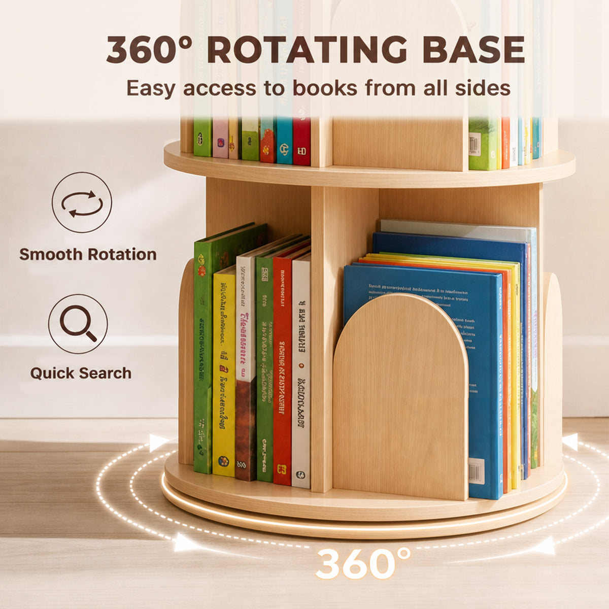 Rotating 3-tier kids bookshelf with smooth base for easy access from all sides