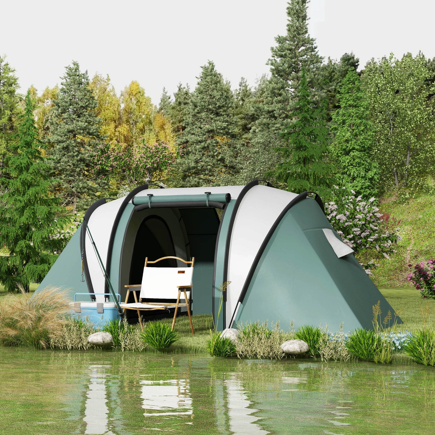 Outsunny Family Camping Tent with 2 Bedrooms and Living Area, 3000mm Waterproof, Ideal for Fishing, Hiking, and Festivals - Dark Green - ALL4U RETAILER LTD