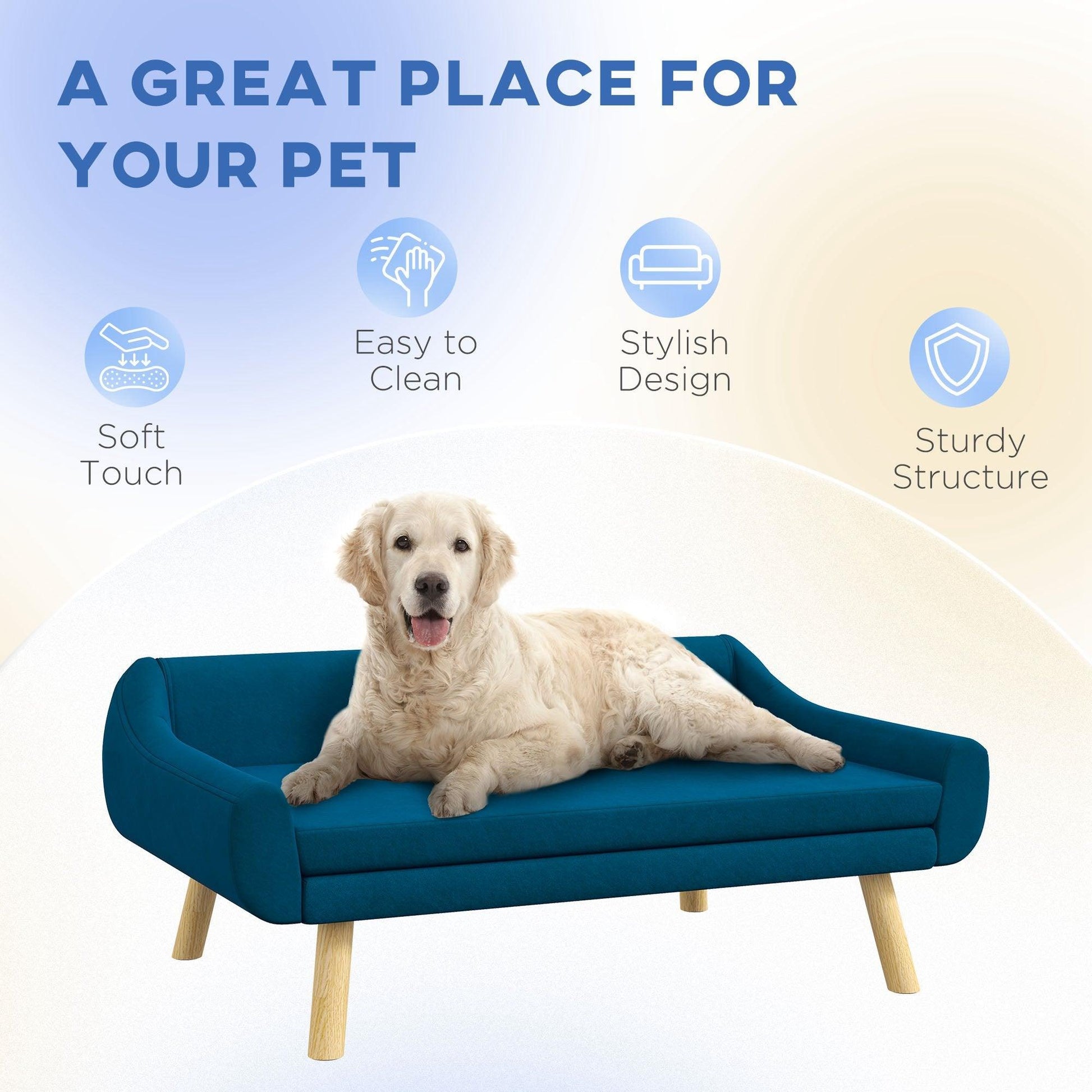 PawHut Blue Pet Sofa Bed, Wooden Frame, Removable Cover, Medium/Large Dogs - ALL4U RETAILER LTD