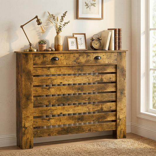 HOMCOM Rustic Brown Radiator Cover With Drawer 95.5 Centimeter High 111 Centimeter Wide Slatted Design