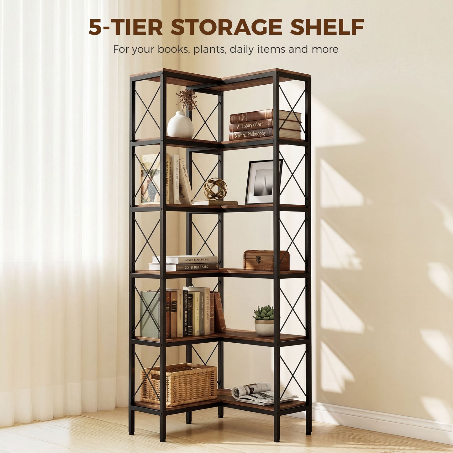 HOMCOM 5 Tier L Shaped Bookshelf Freestanding Corner Bookcase With Metal Frame Rustic Brown
