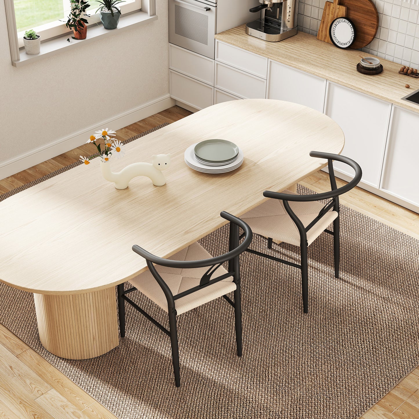 HOMCOM Set Of Two Weave Dining Chairs With Y Shaped Backrest And Hemp Seat Black And Beige