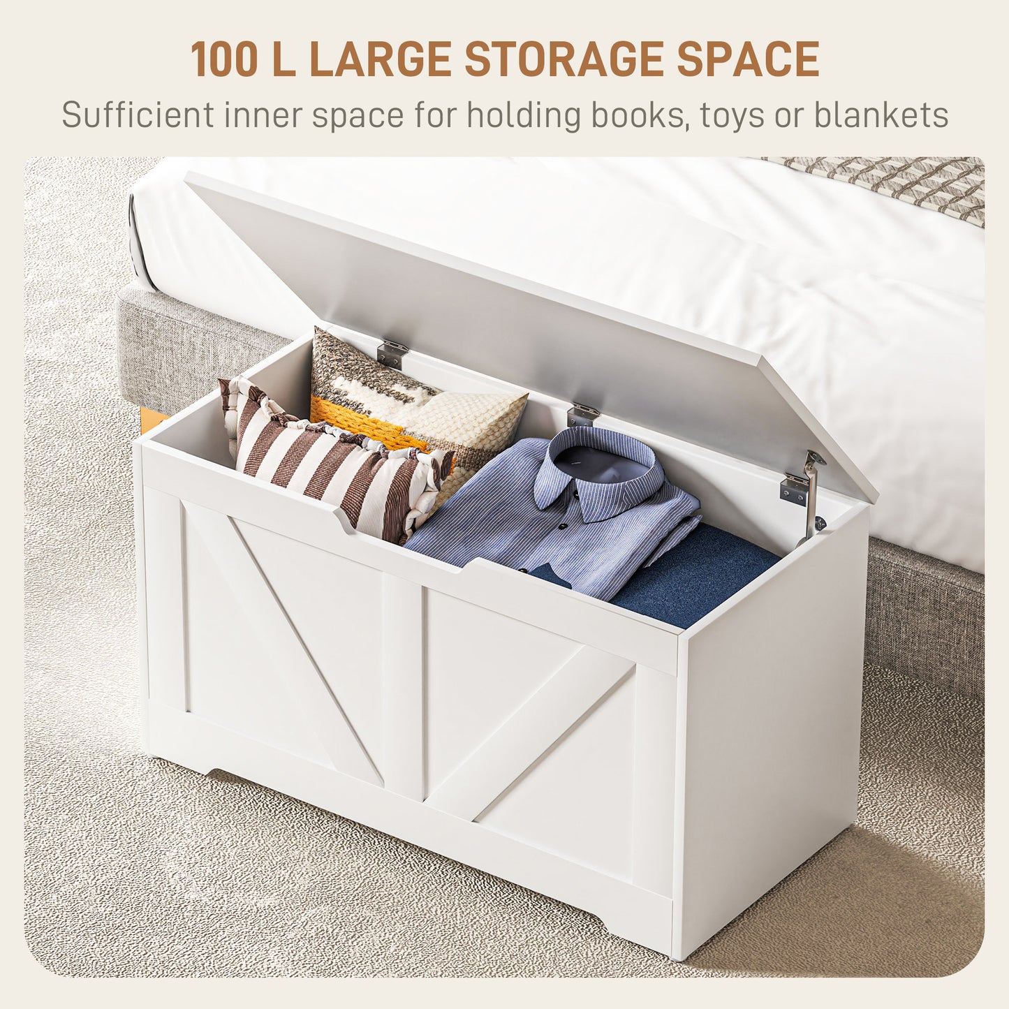 HOMCOM 100 L Home Storage Box With Safety Hinges White Wood Effect Storage Ottoman Seat