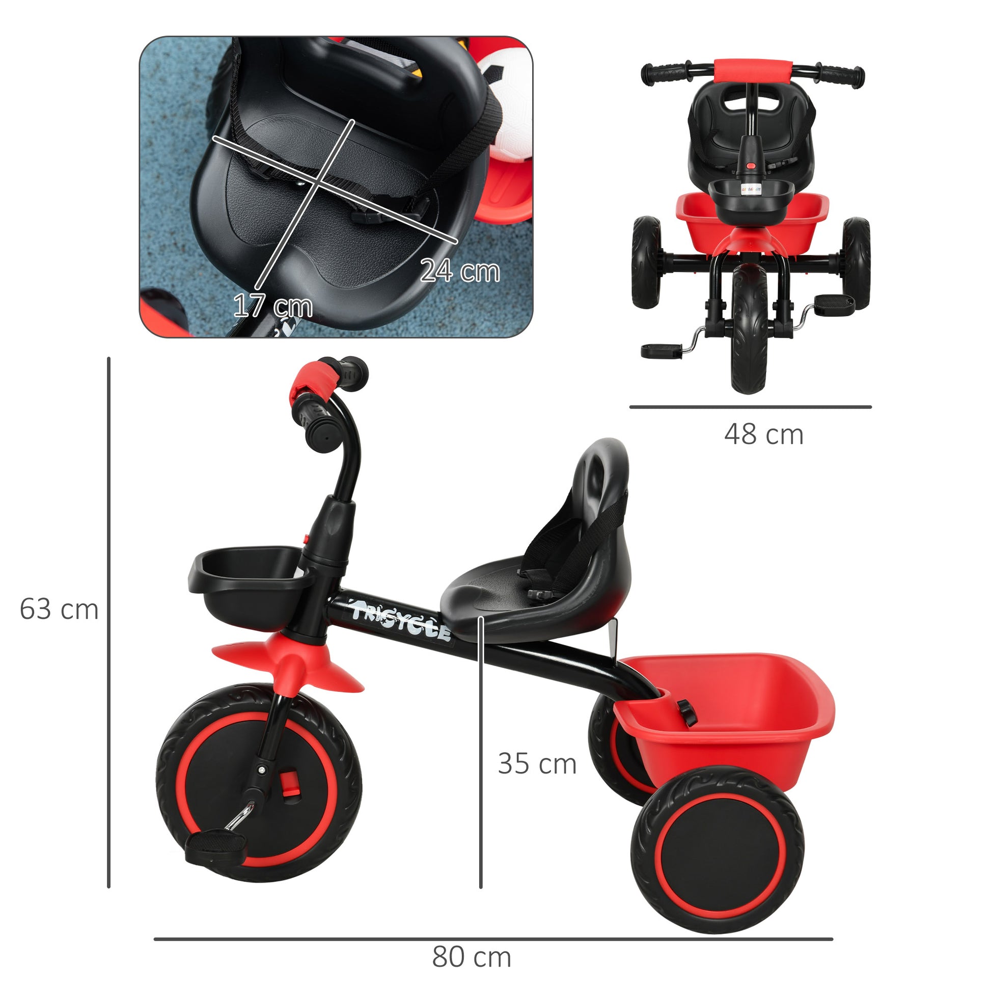 AIYAPLAY Adjustable Red Kids Tricycle with Storage Baskets for Ages 2-5 - ALL4U RETAILER LTD