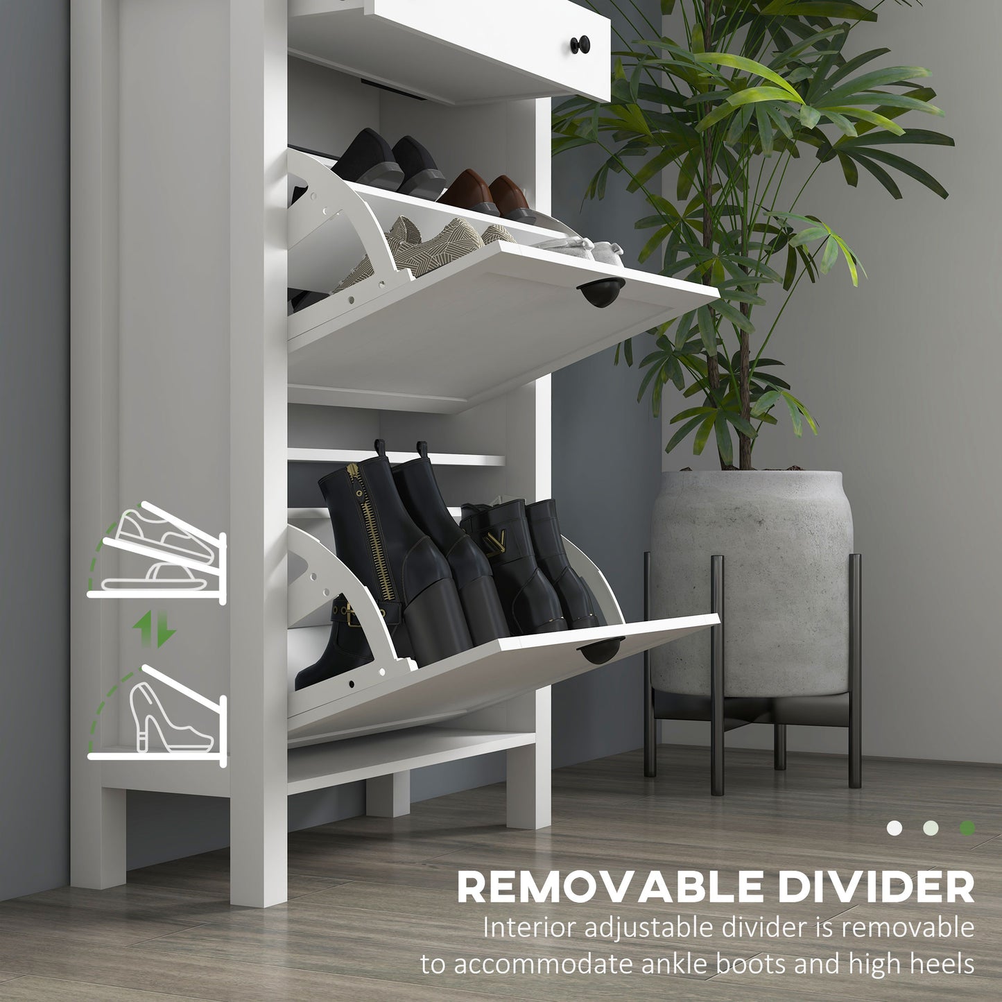 HOMCOM Narrow Shoe Cabinet With Two Flip Drawers And Adjustable Shelves White Slim Design