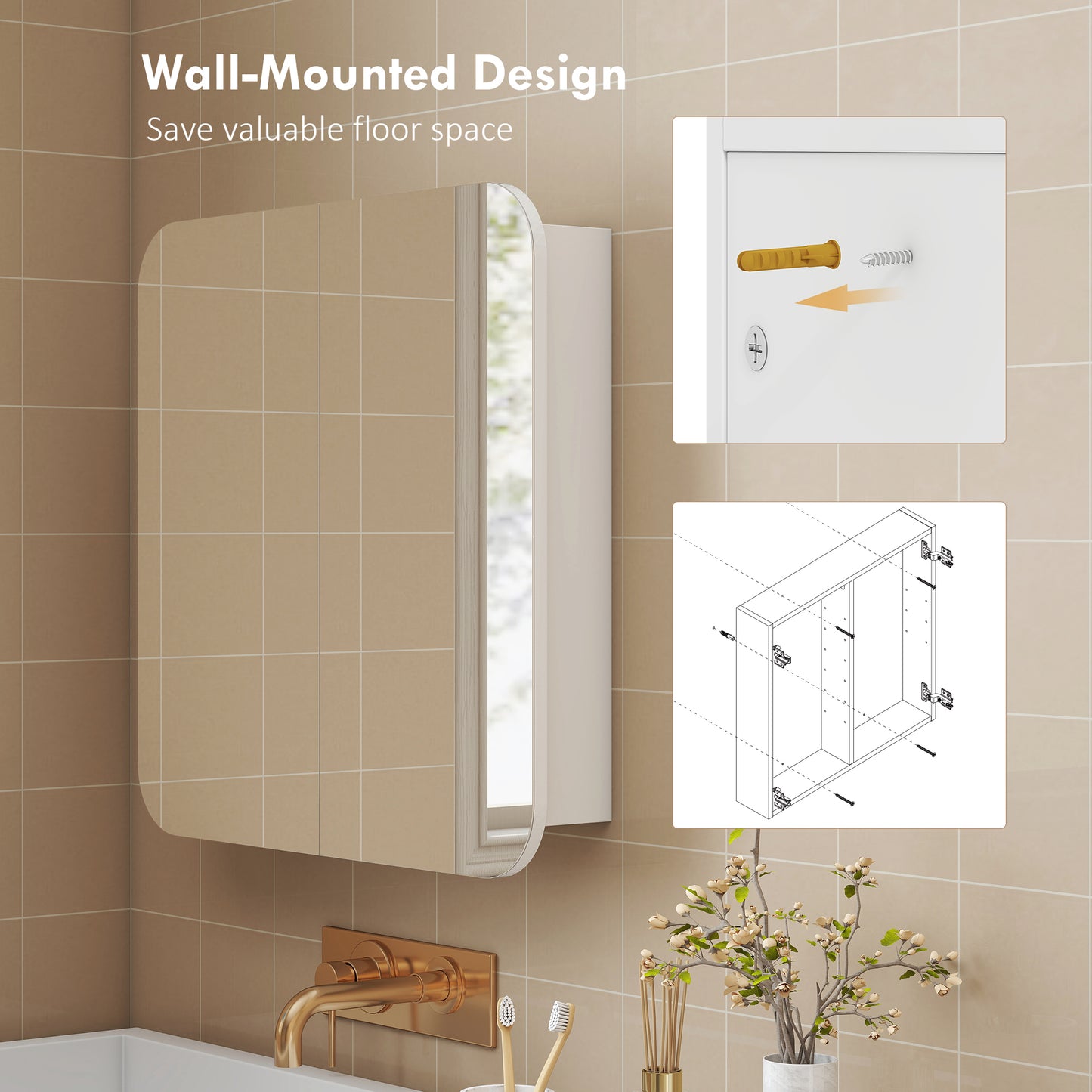 HOMCOM Arched Bathroom Mirror Cabinet With Adjustable Shelves White Wall Mounted