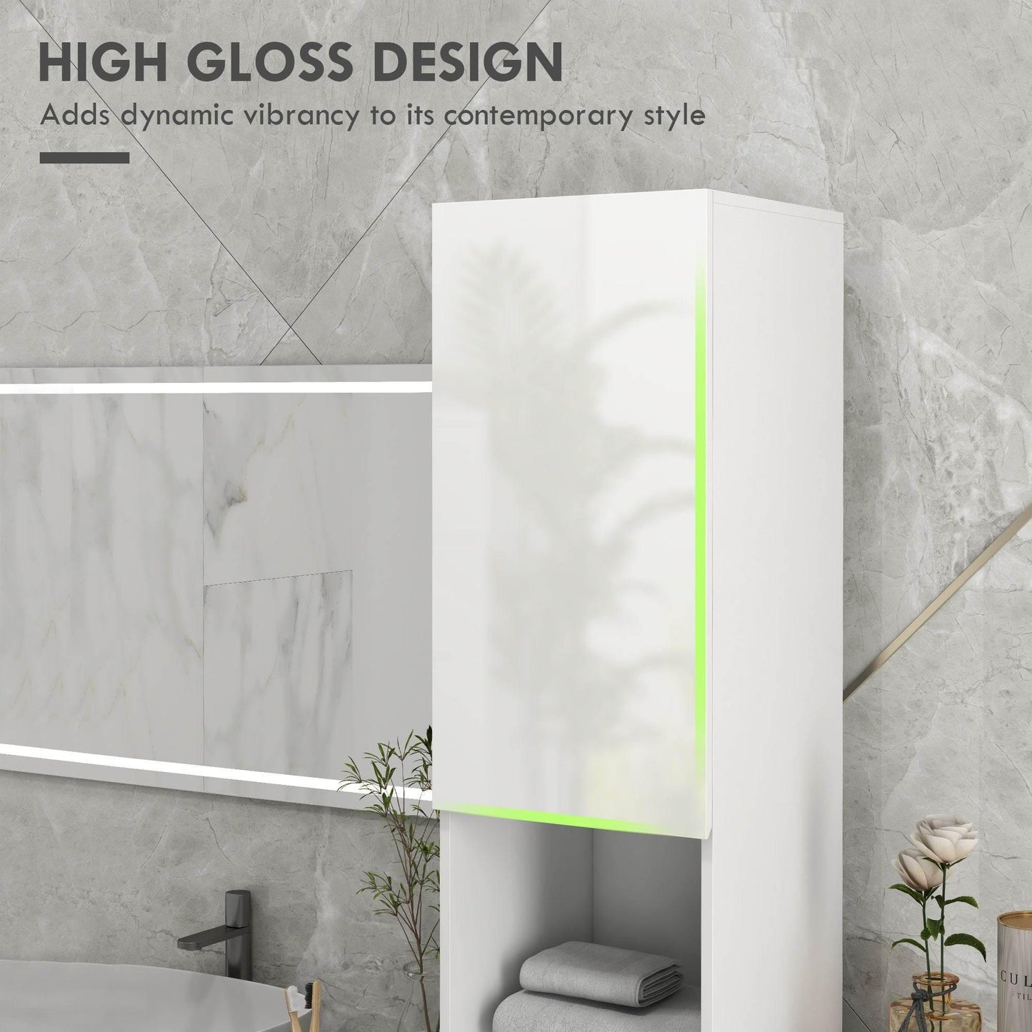 HOMCOM Sleek High Gloss White Slim Bathroom Storage Cabinet with Adjustable Shelves - ALL4U RETAILER LTD
