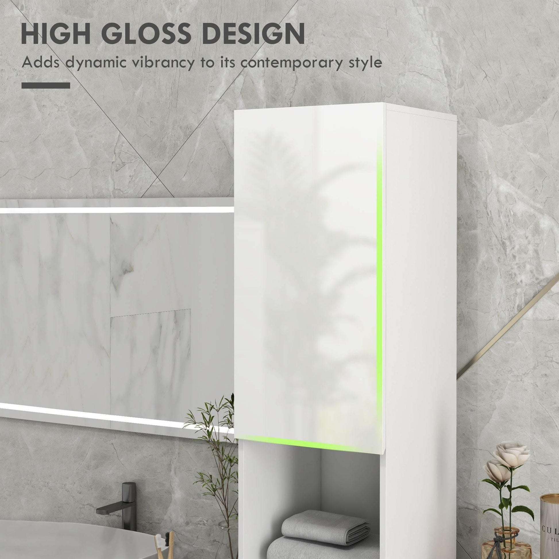 HOMCOM Sleek High Gloss White Slim Bathroom Storage Cabinet with Adjustable Shelves - ALL4U RETAILER LTD