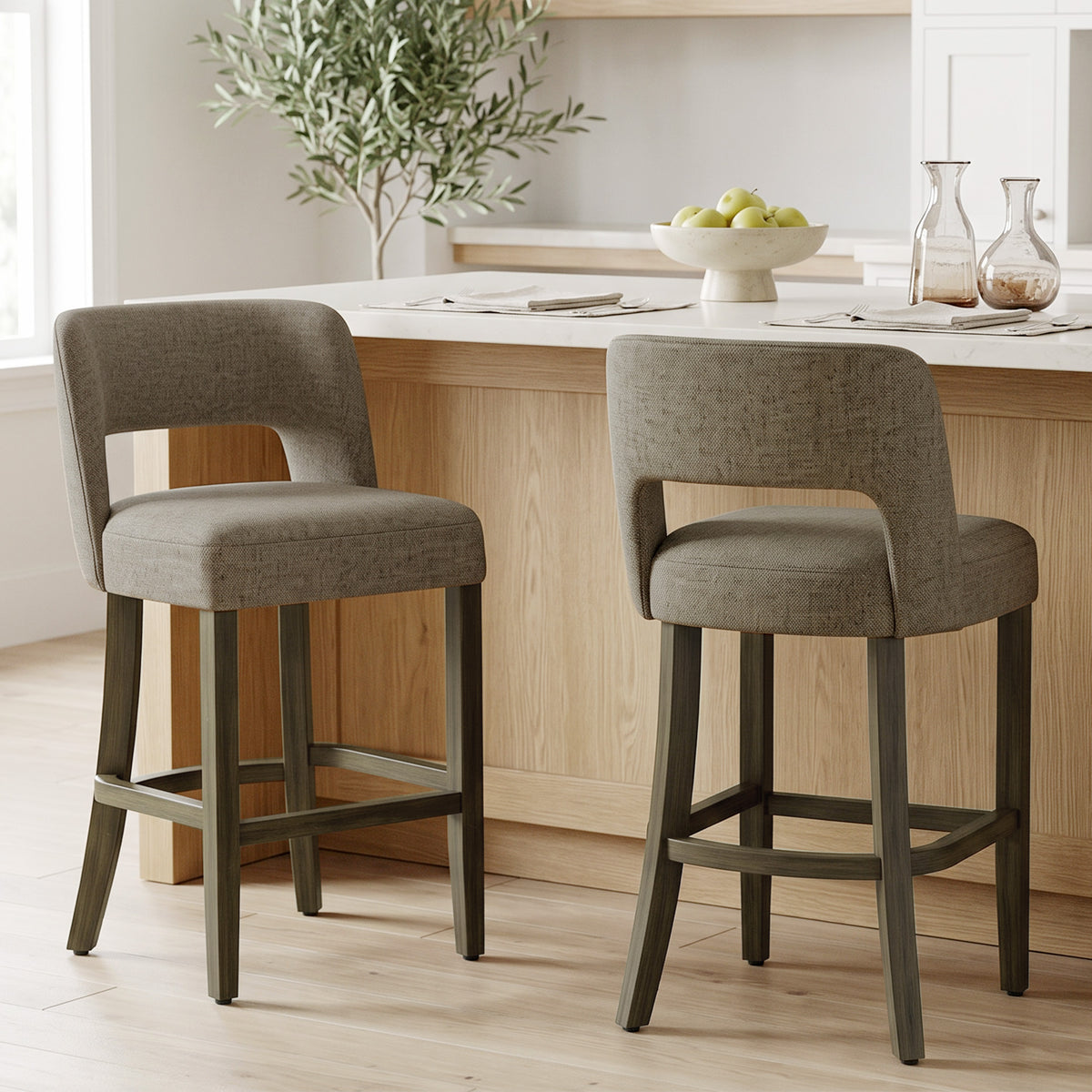 Set of 2 counter-height bar stools with curved backrests and dark upholstered seats