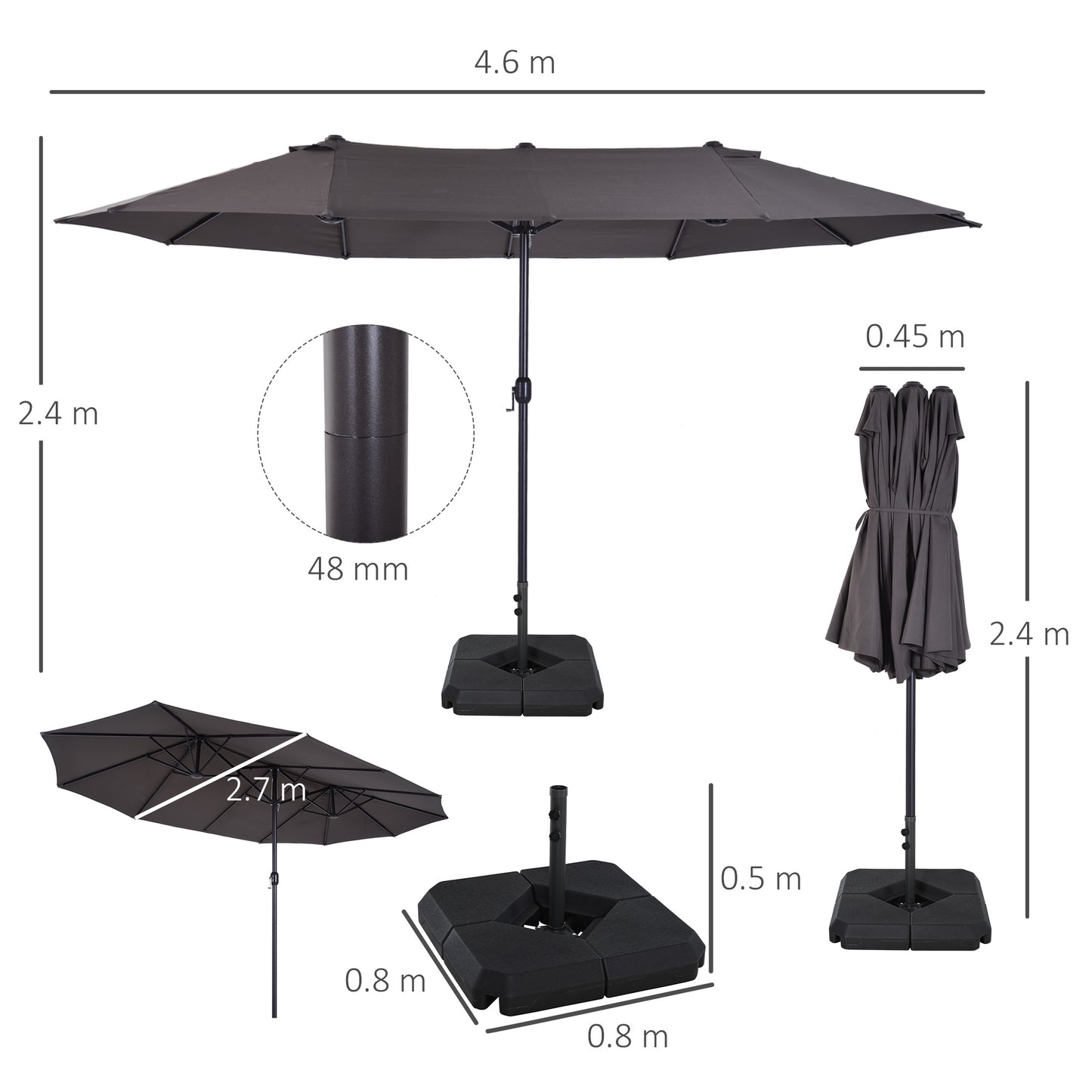 Outsunny 4.6m Double-Sided Patio Umbrella with Crank Lift and Steel Base - Grey Garden Canopy Shade - ALL4U RETAILER LTD