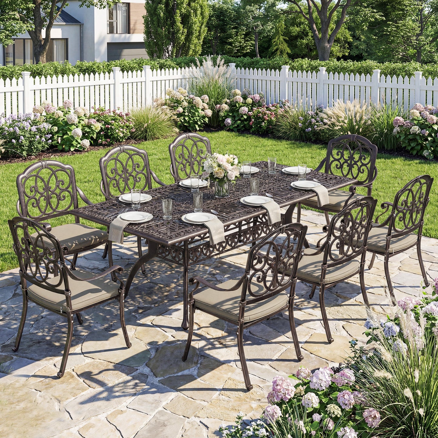 Outsunny 9 Piece Cast Aluminium Garden Table And Chairs Dining Set With Cushions Parasol Hole Bronze Tone