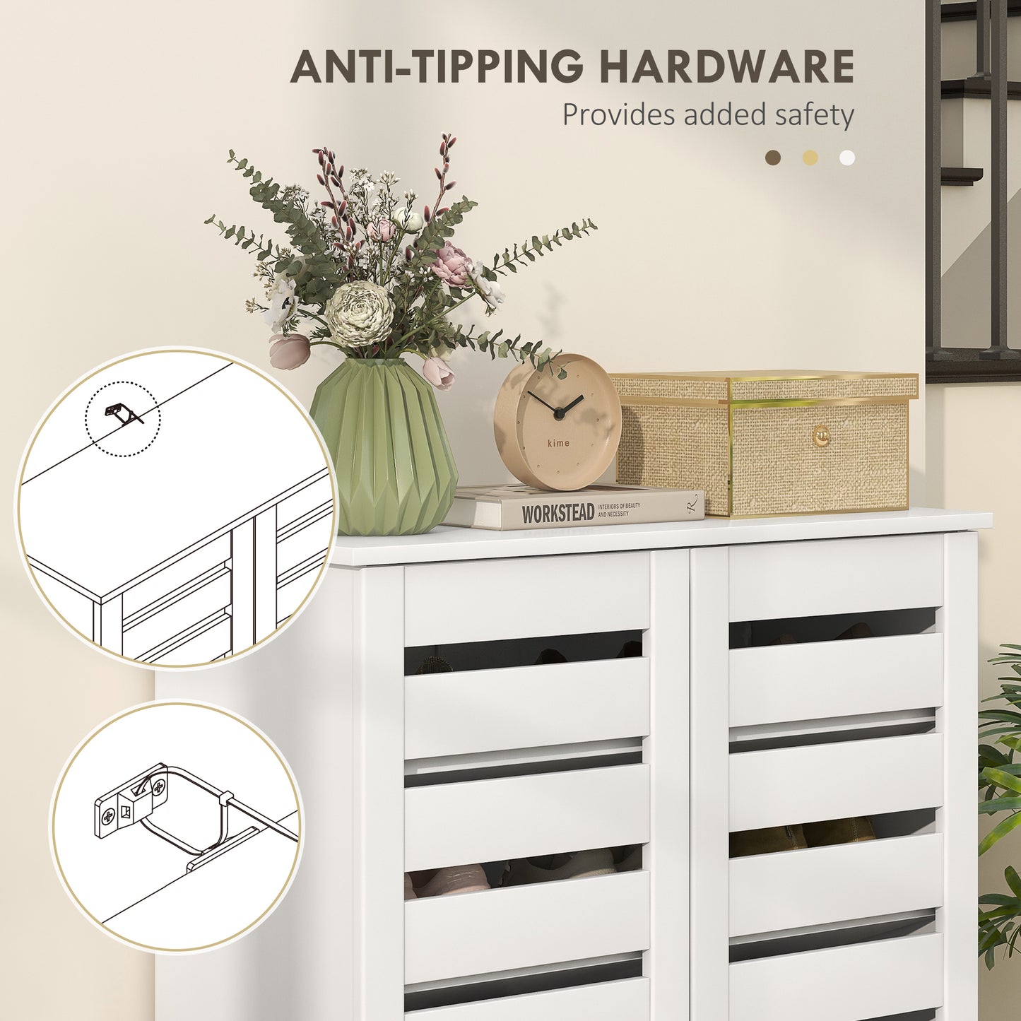 HOMCOM Narrow Shoe Cabinet For Entryway 5 Tier Slim Shoe Storage With 2 Slatted Doors And Adjustable Shelves