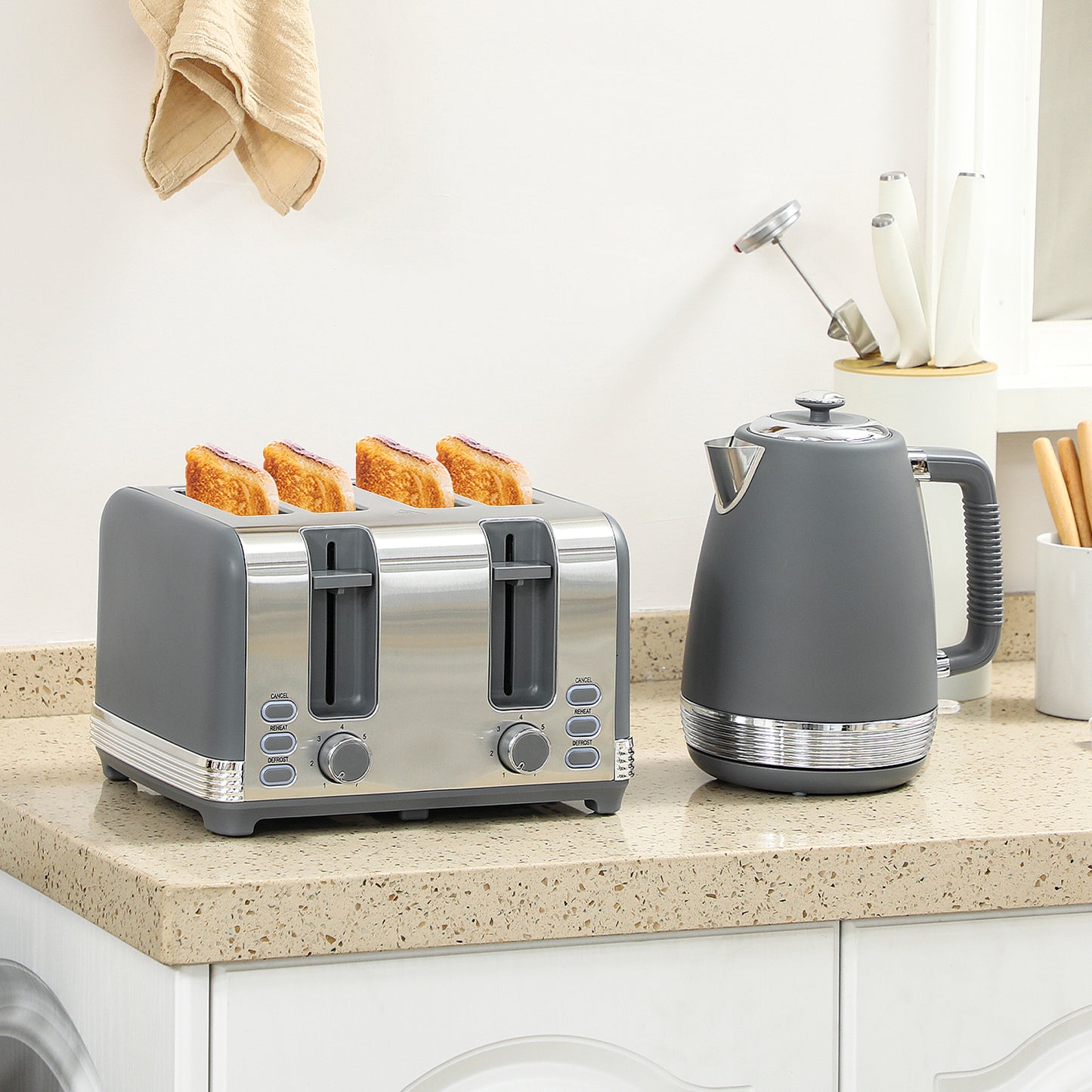 HOMCOM Stainless Steel Panel Kettle and Toaster Set 1.7L With UK Strix Thermostat Grey