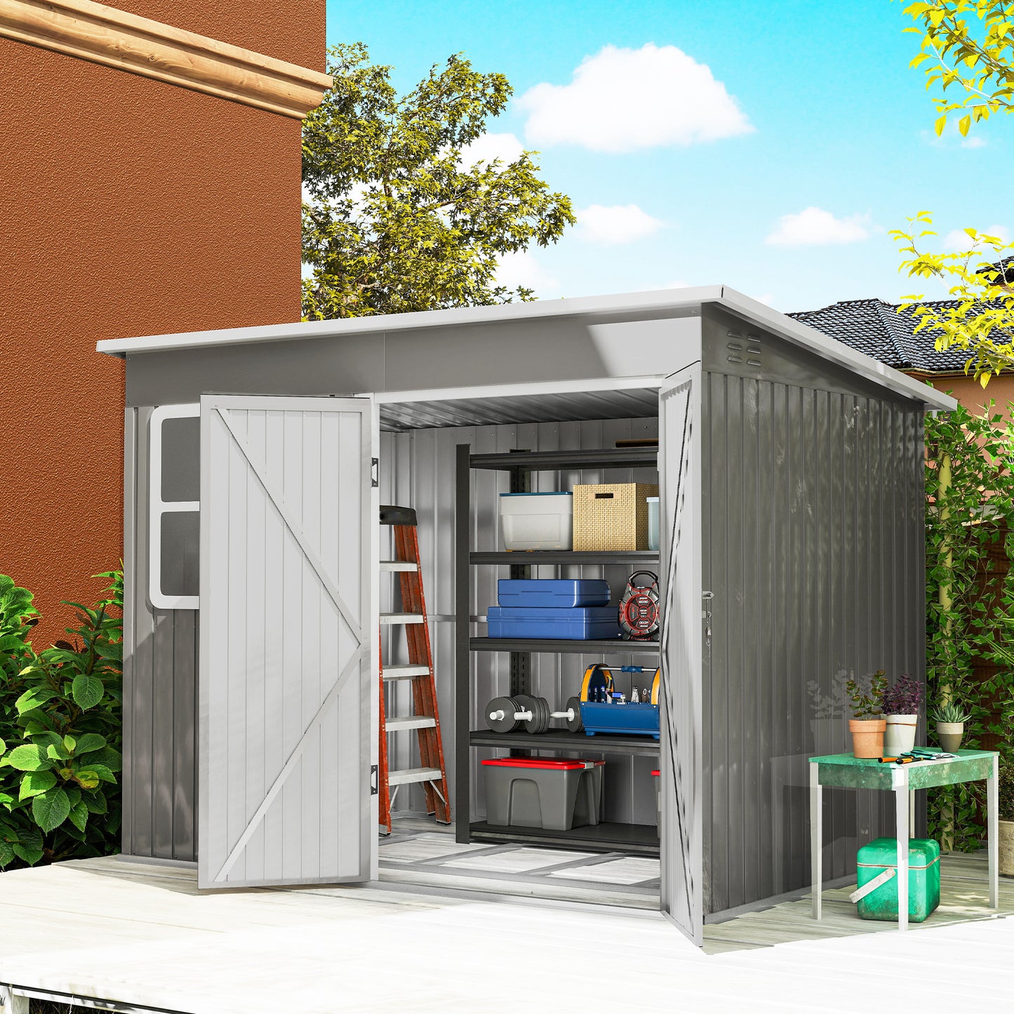 Outsunny 8.5 x 6ft Galvanised Steel Storage Shed With Foundation Kit Window Lockable Wide Doors Light Grey