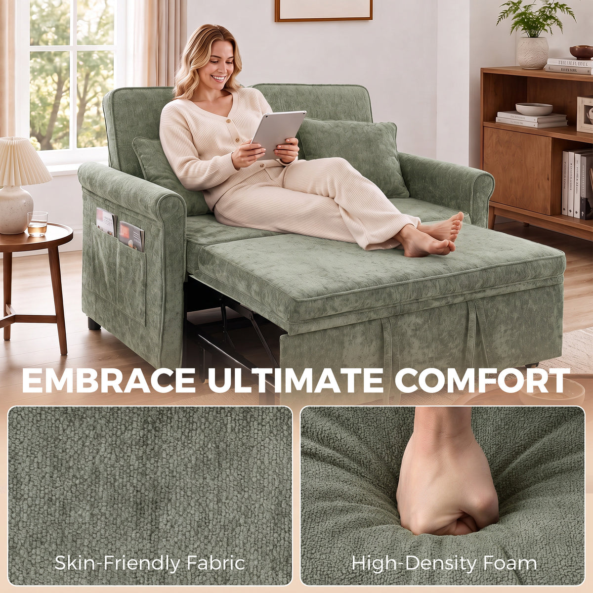 Homcom 2 Seater Sofa Bed Chenille Pull Out Sleeper With Adjustable Backrest