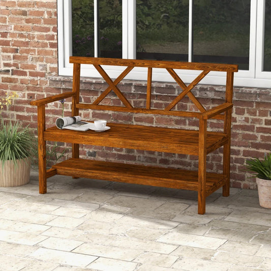 Outsunny Two-Seater Fir Wood Bench - Natural, with Bottom Shelf: Enhance Your Outdoor Seating Area