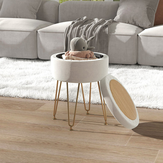HOMCOM Velvet Feel Storage Ottoman 5L Cream White With Gold Hairpin Legs Luxurious Upholstery