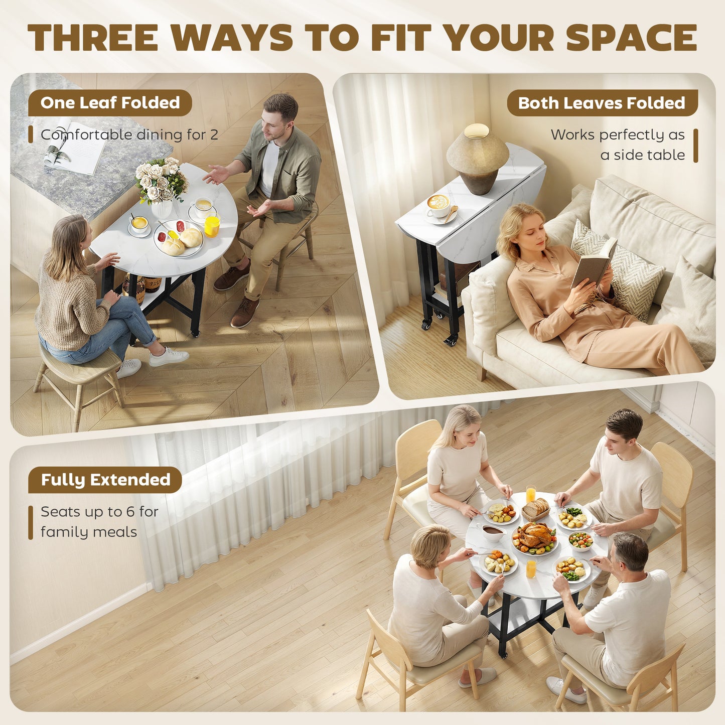 HOMCOM Folding Dining Table With Drop Leaf Open Shelf Smooth Rolling Wheels White Marble Finish For Small Spaces