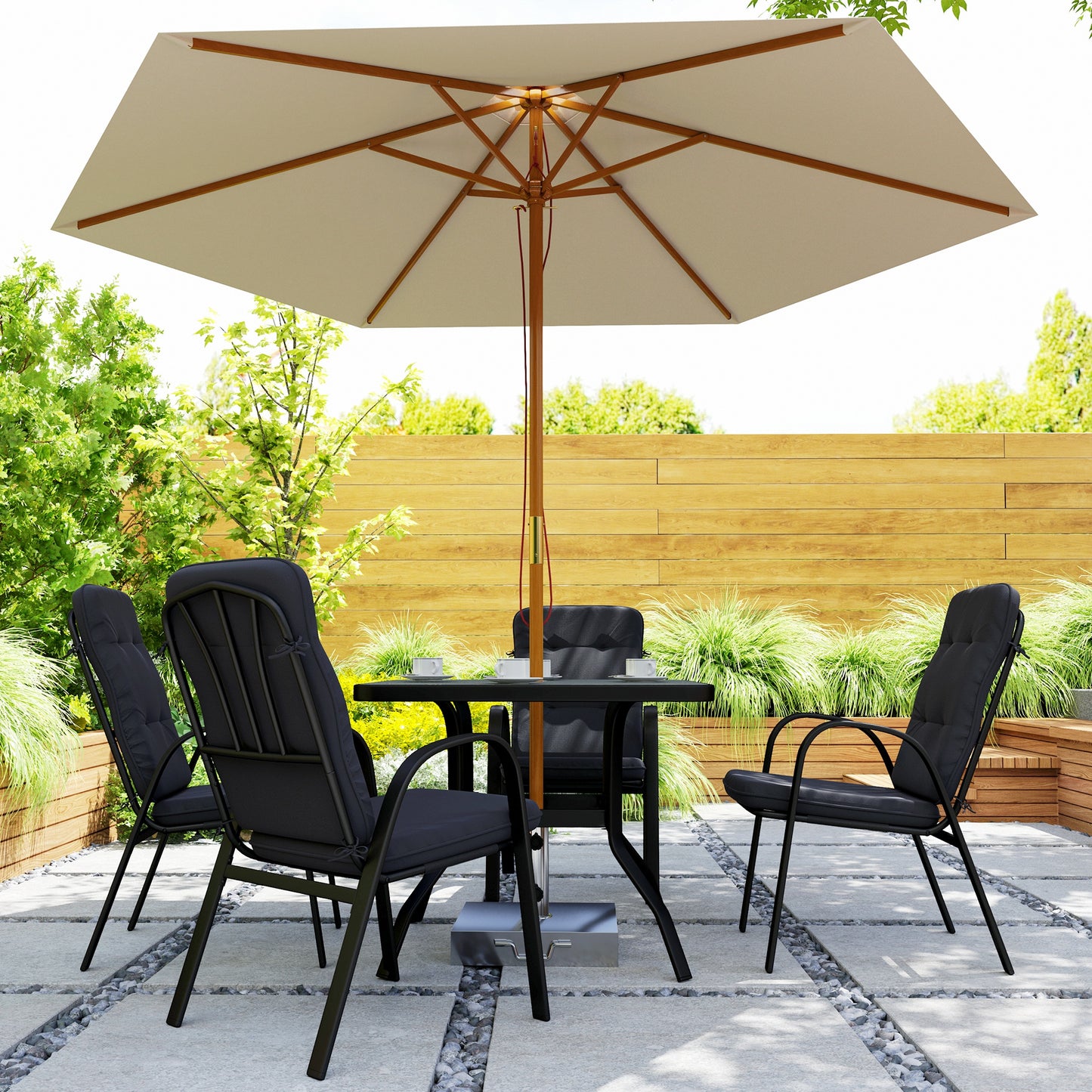 Outsunny Five Piece Garden Dining Set With Tempered Glass Table And Four Cushioned Armchairs Umbrella Hole Black